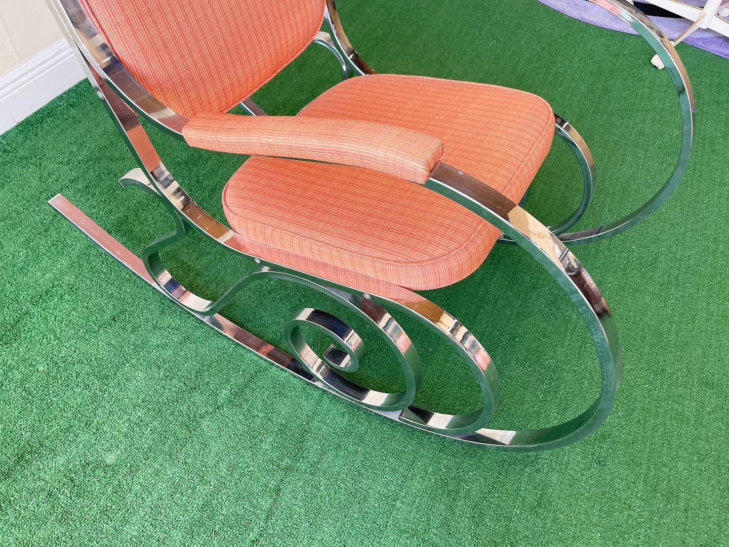 American 1970s, Chrome Rocking Chair with Original Red Fabric For Sale