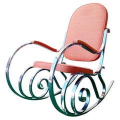 Chaise à bascule chromée des années 1970 avec tissu rouge d'origine
