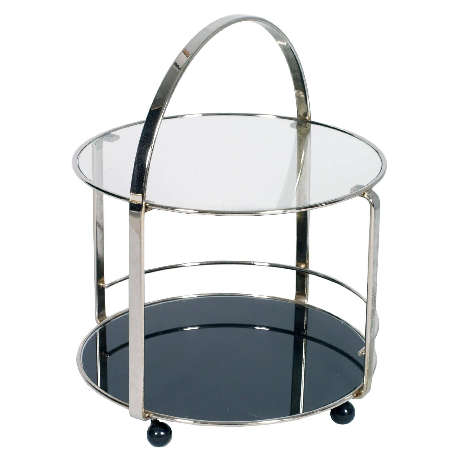 1970s Chrome Round Cocktail Bar Cart with below Smoked Glass and Crystal Above