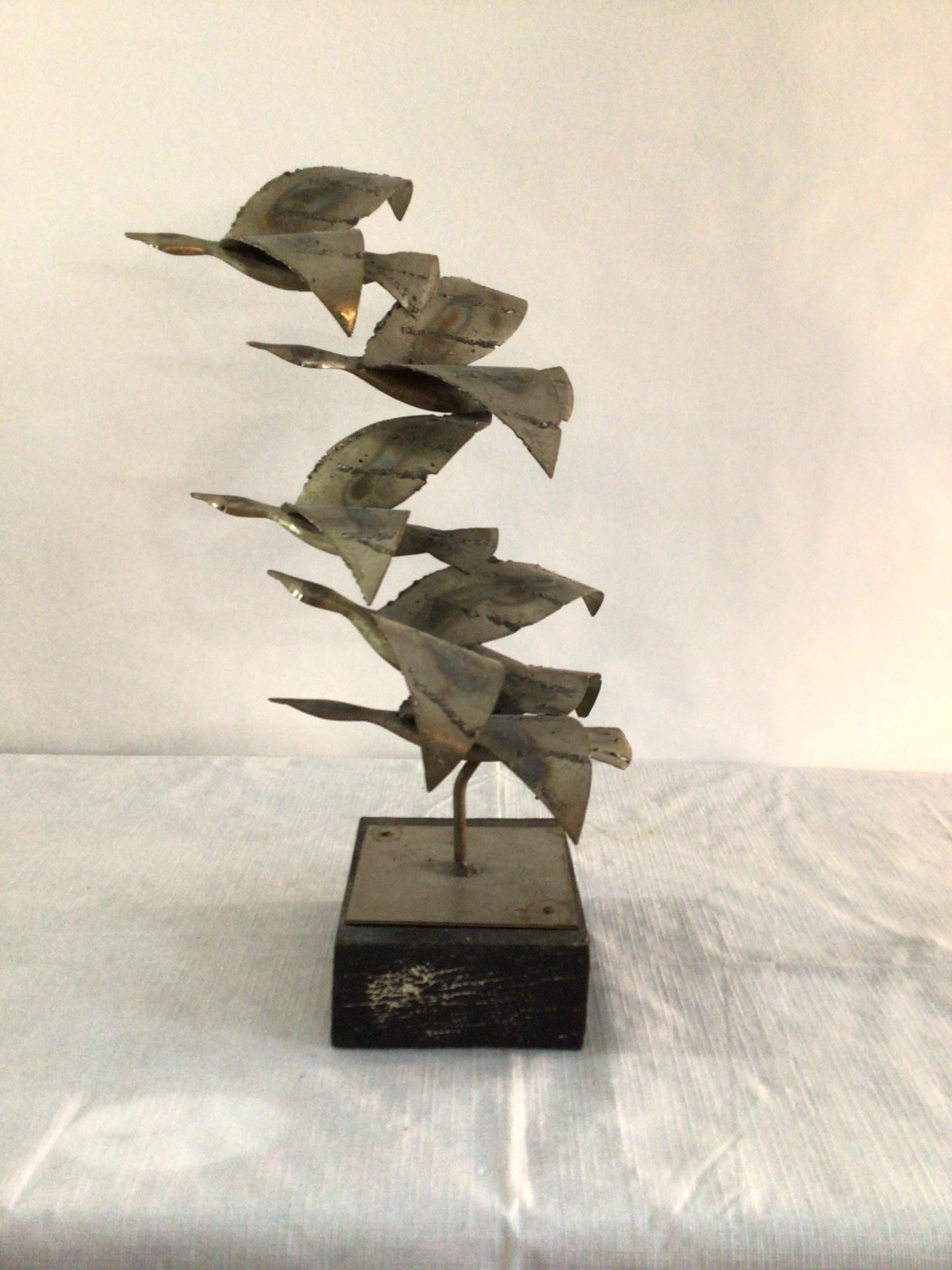 Mid-Century Modern 1970s Chrome Sculpture of Birds in Flight on Painted Wood Base For Sale