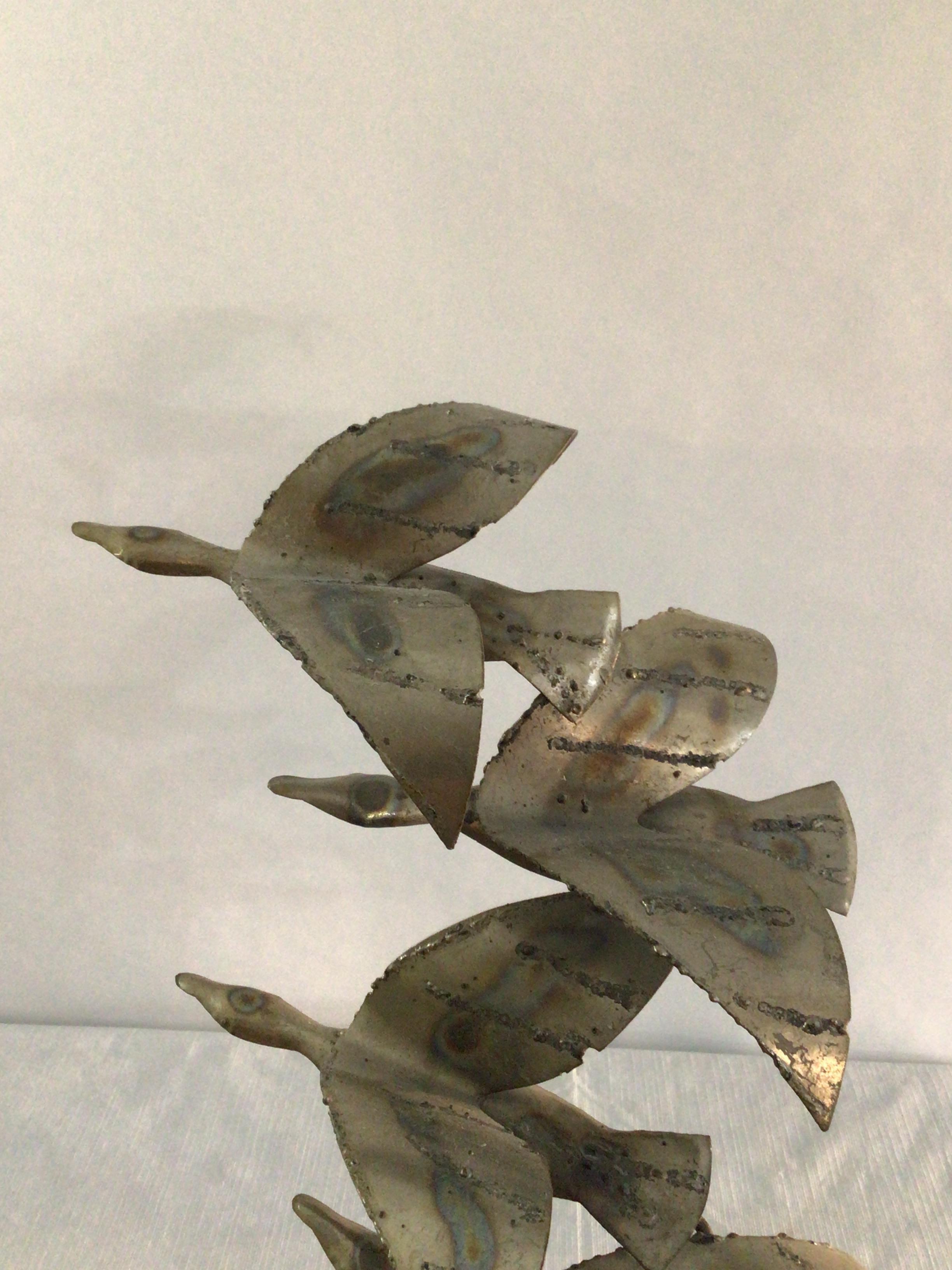 Hand-Crafted 1970s Chrome Sculpture of Birds in Flight on Painted Wood Base For Sale