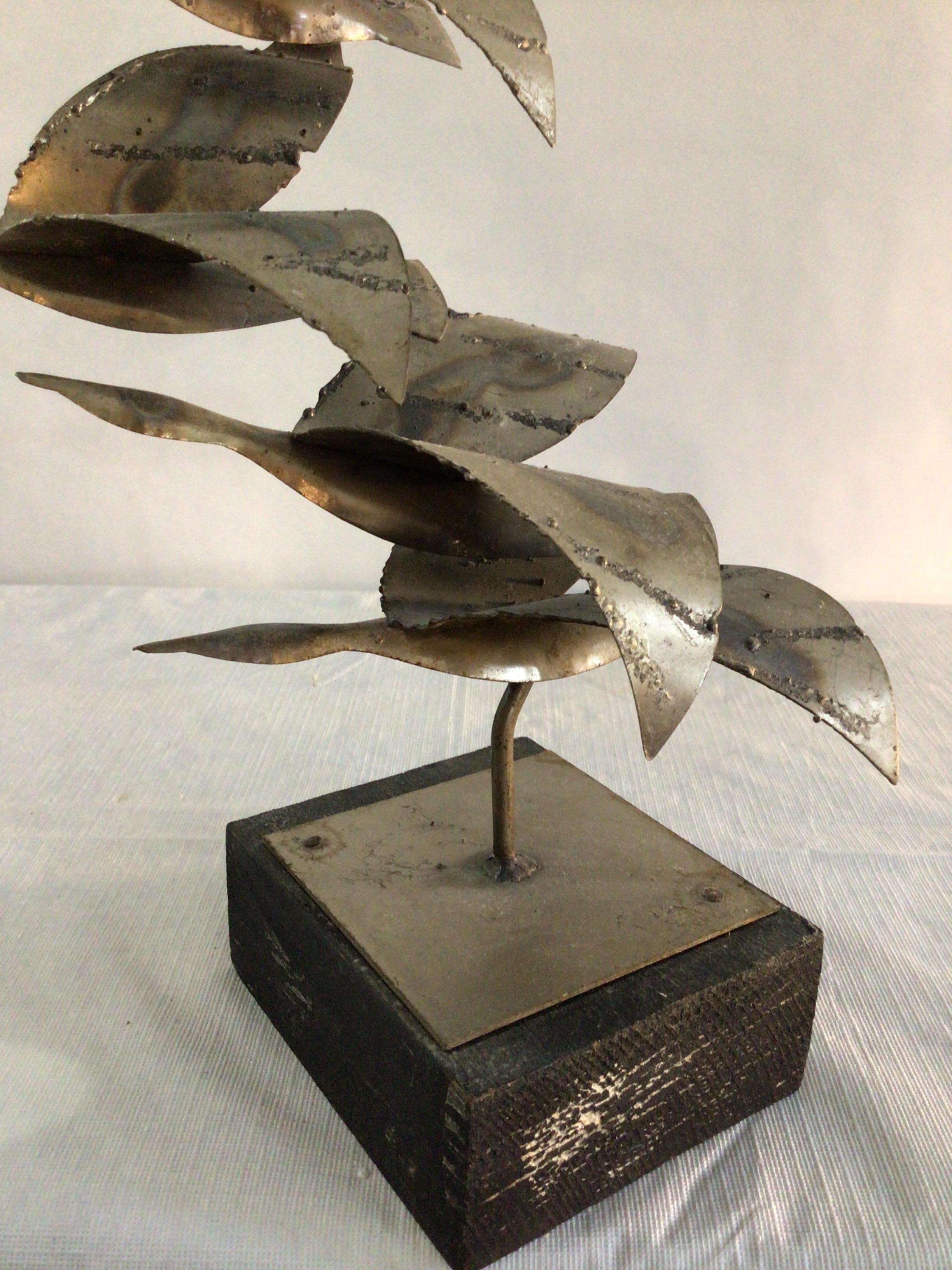 Late 20th Century 1970s Chrome Sculpture of Birds in Flight on Painted Wood Base For Sale