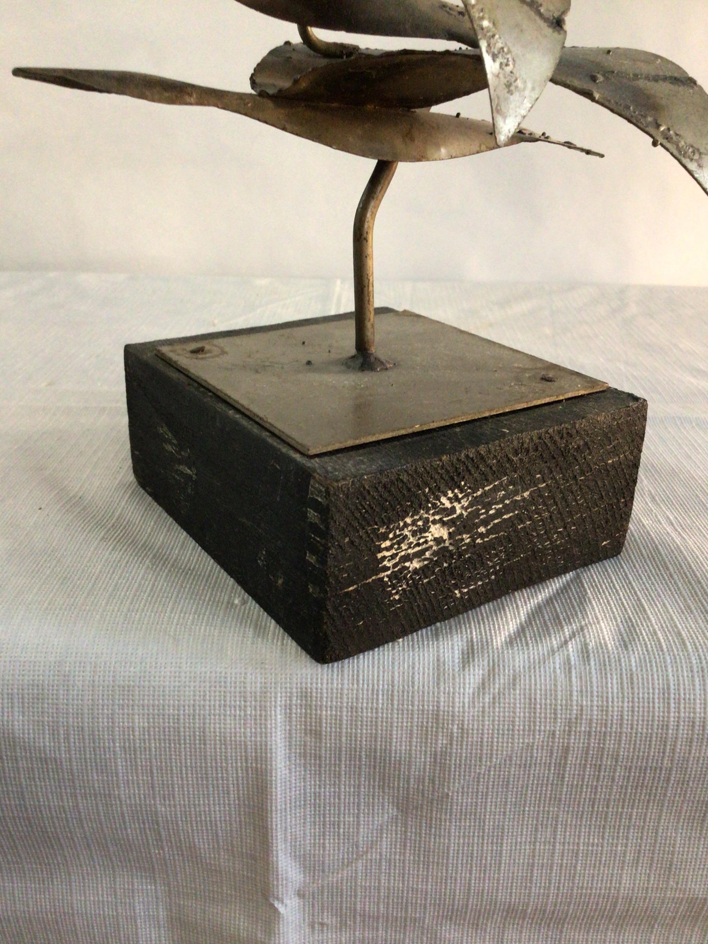 Metal 1970s Chrome Sculpture of Birds in Flight on Painted Wood Base For Sale