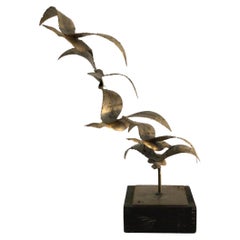 1970s Chrome Sculpture of Birds in Flight on Painted Wood Base