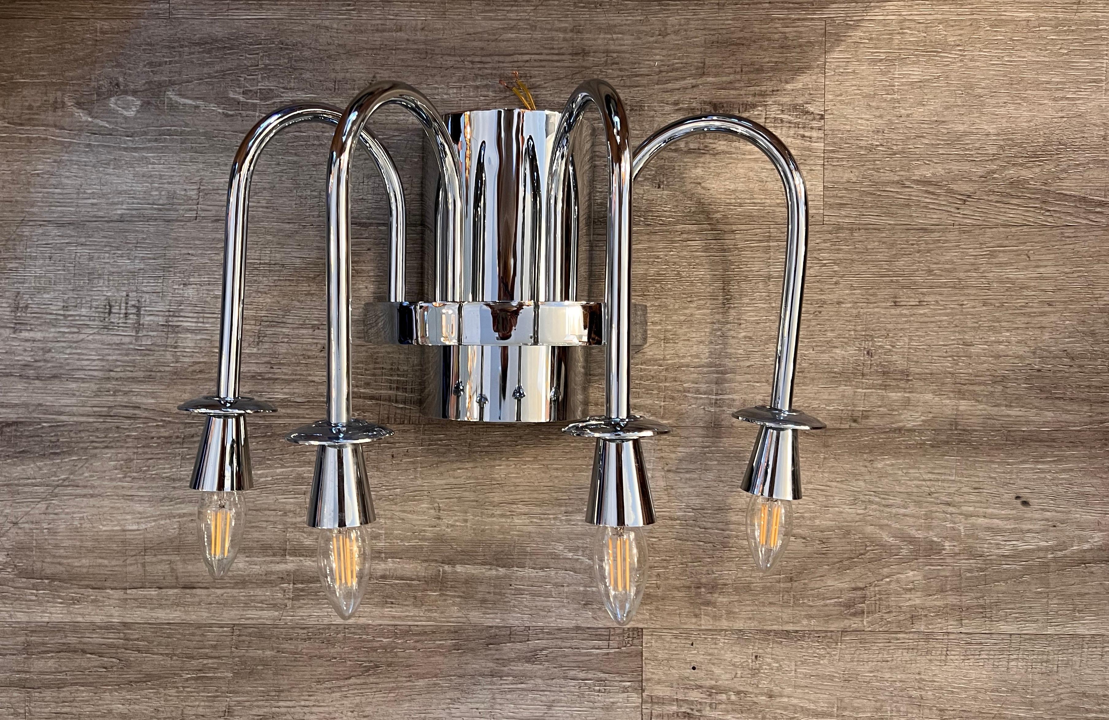 Late 20th Century 1970s Chrome Steel Four Lights Wall Sconces Set of 2 For Sale