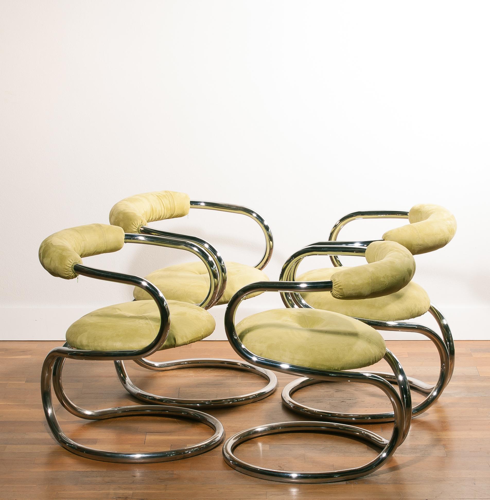 Late 20th Century 1970s, Chrome Tubular Set of Four Dining Chairs by Tecnosalotto, Italy