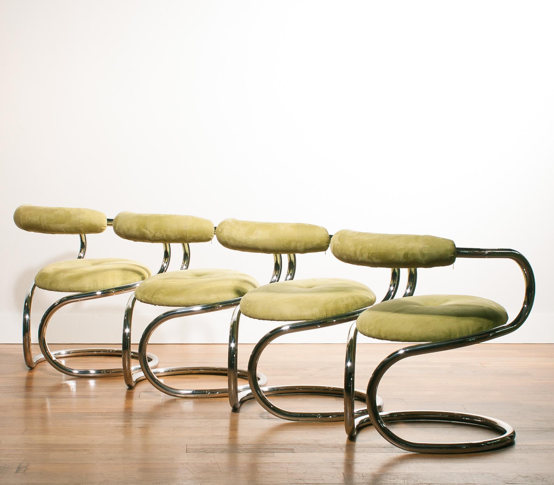 Late 20th Century 1970s, Chrome Tubular Set of Four Dining Chairs by Tecnosalotto, Italy