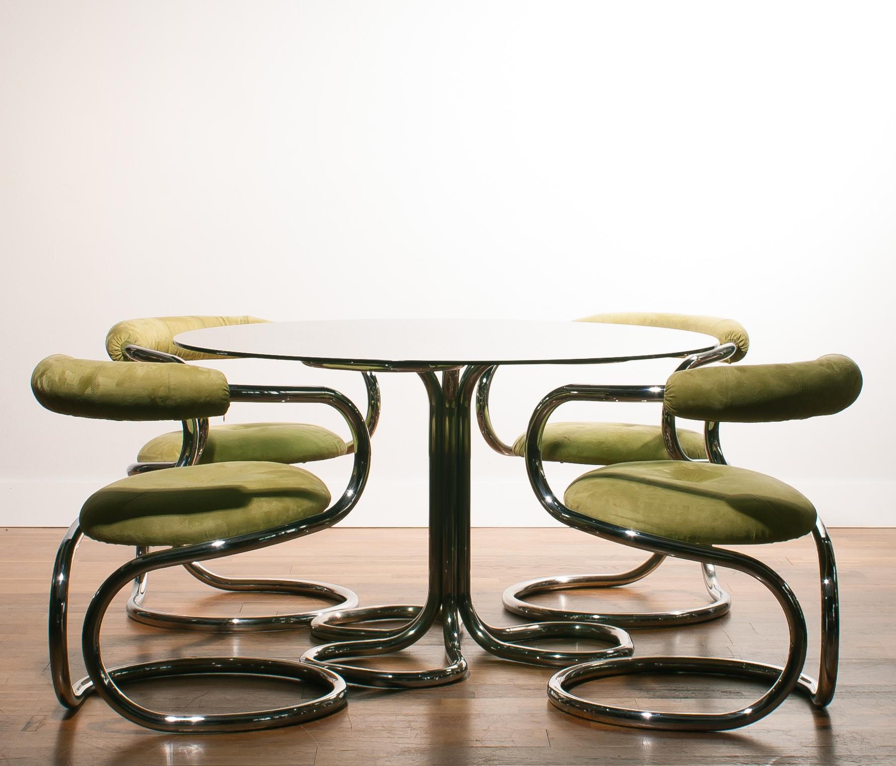 1970s, Chrome Tubular Set of Four Dining Chairs by Tecnosalotto, Italy 1