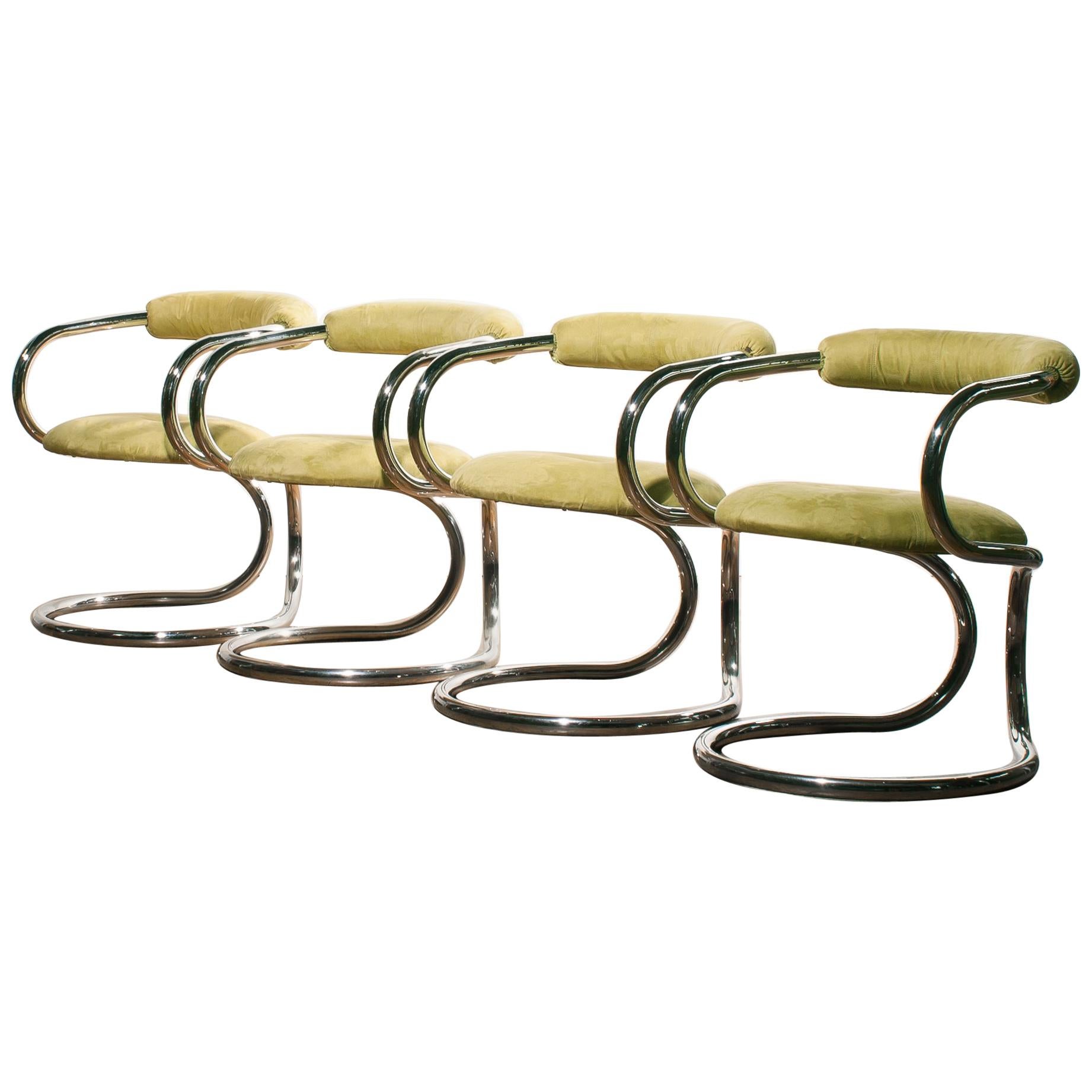 1970s, Chrome Tubular Set of Four Dining Chairs by Tecnosalotto, Italy