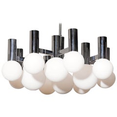 1970s, Chrome with White Bolls 'Modernist' Chandelier Pendant by Sciolari, Italy
