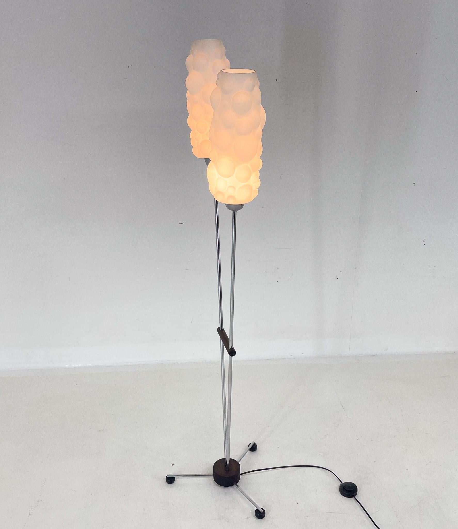 Mid-Century Modern 1970s Chrome & Wood Floor Lamp, Restored , Czechoslovakia For Sale