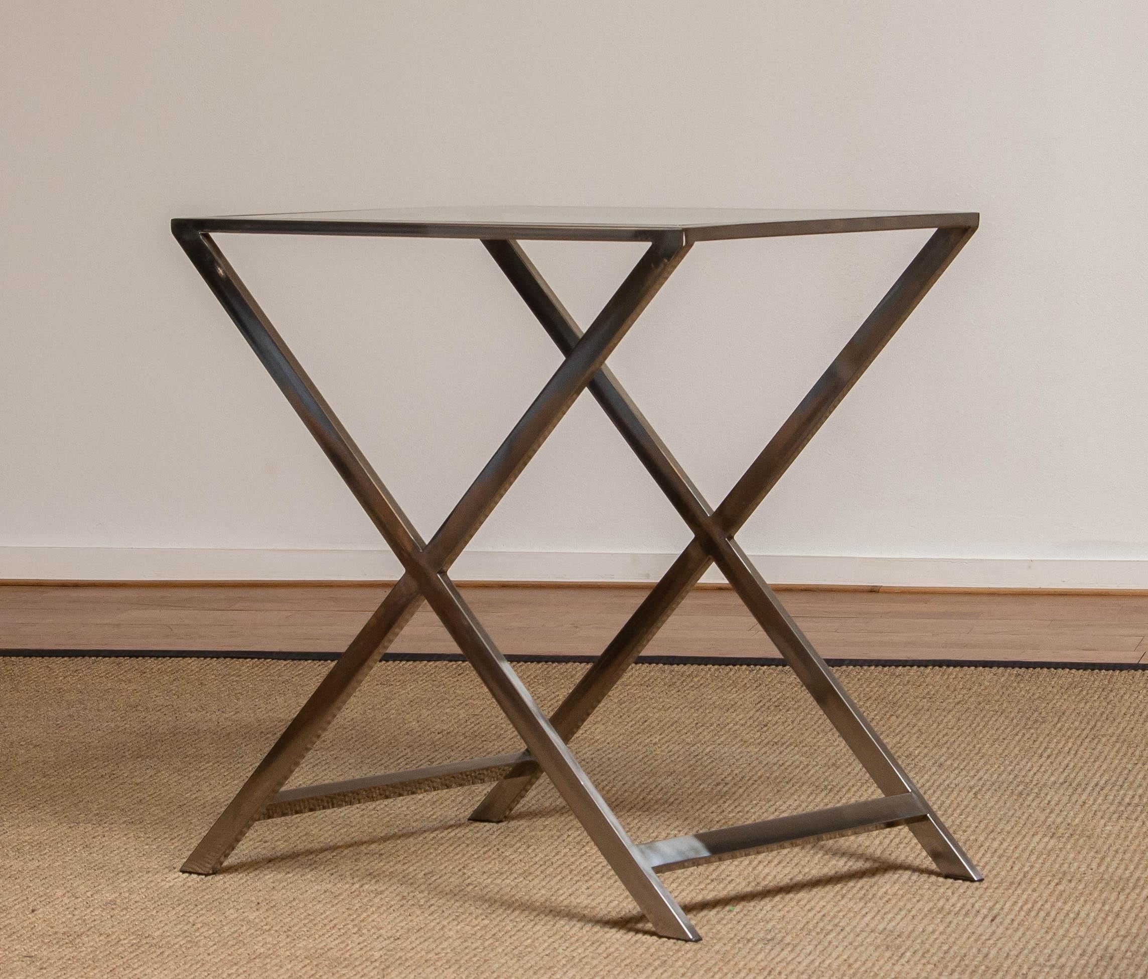 Minimalist 1970's Chrome X / Cross Legs Site Table with Glass Top in Milo Baughman Style For Sale