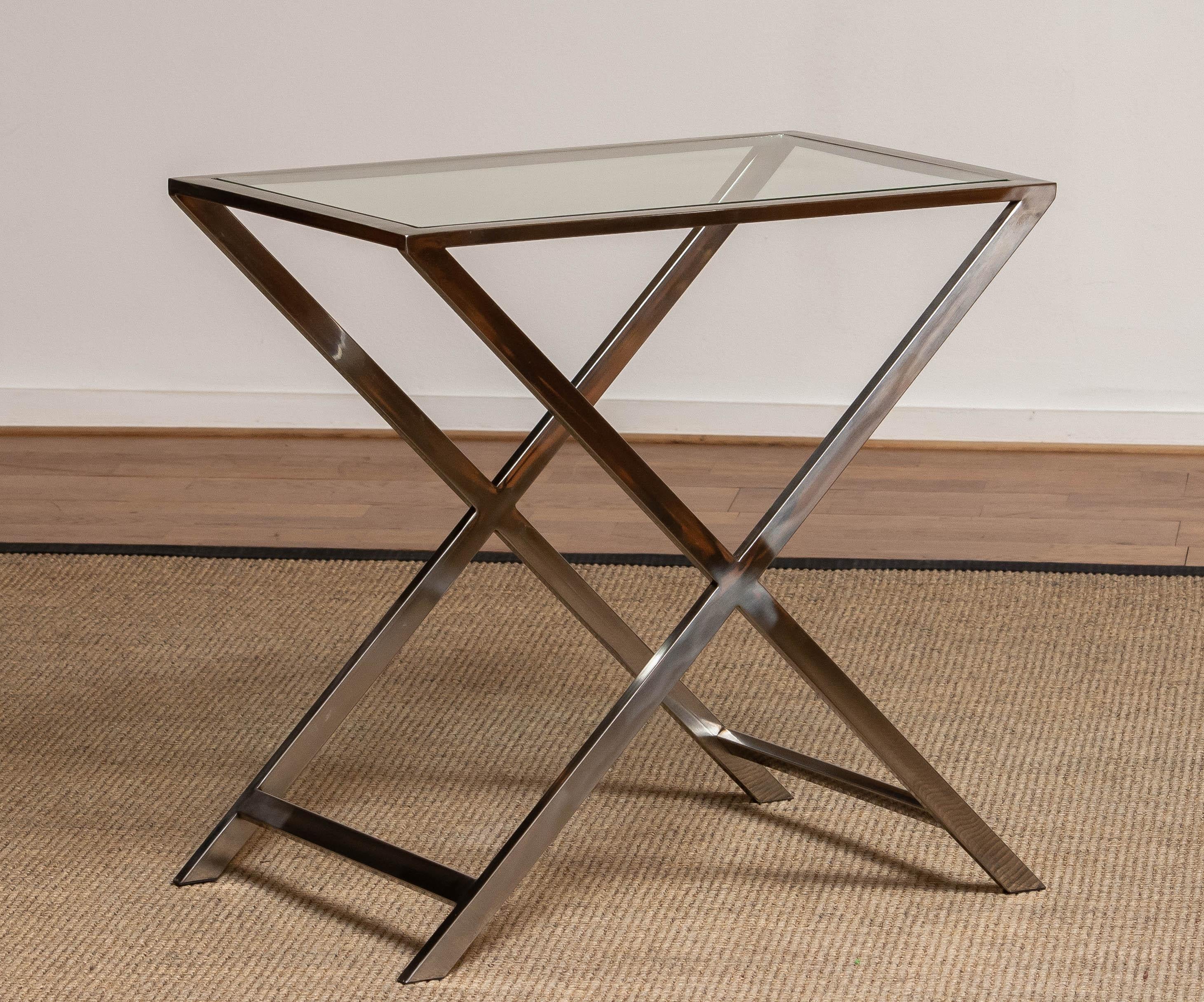 Italian 1970's Chrome X / Cross Legs Site Table with Glass Top in Milo Baughman Style For Sale