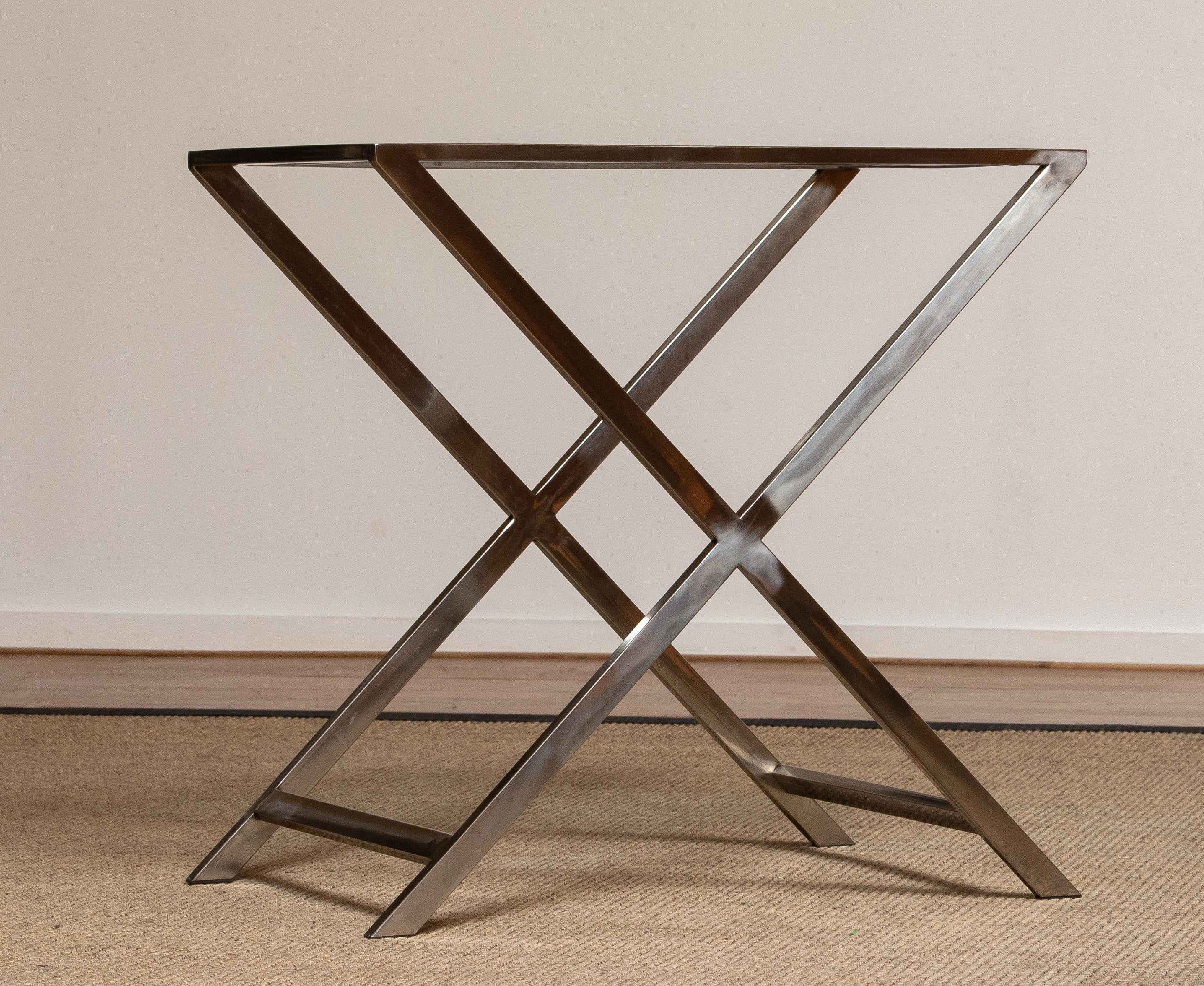 1970's Chrome X / Cross Legs Site Table with Glass Top in Milo Baughman Style For Sale 2