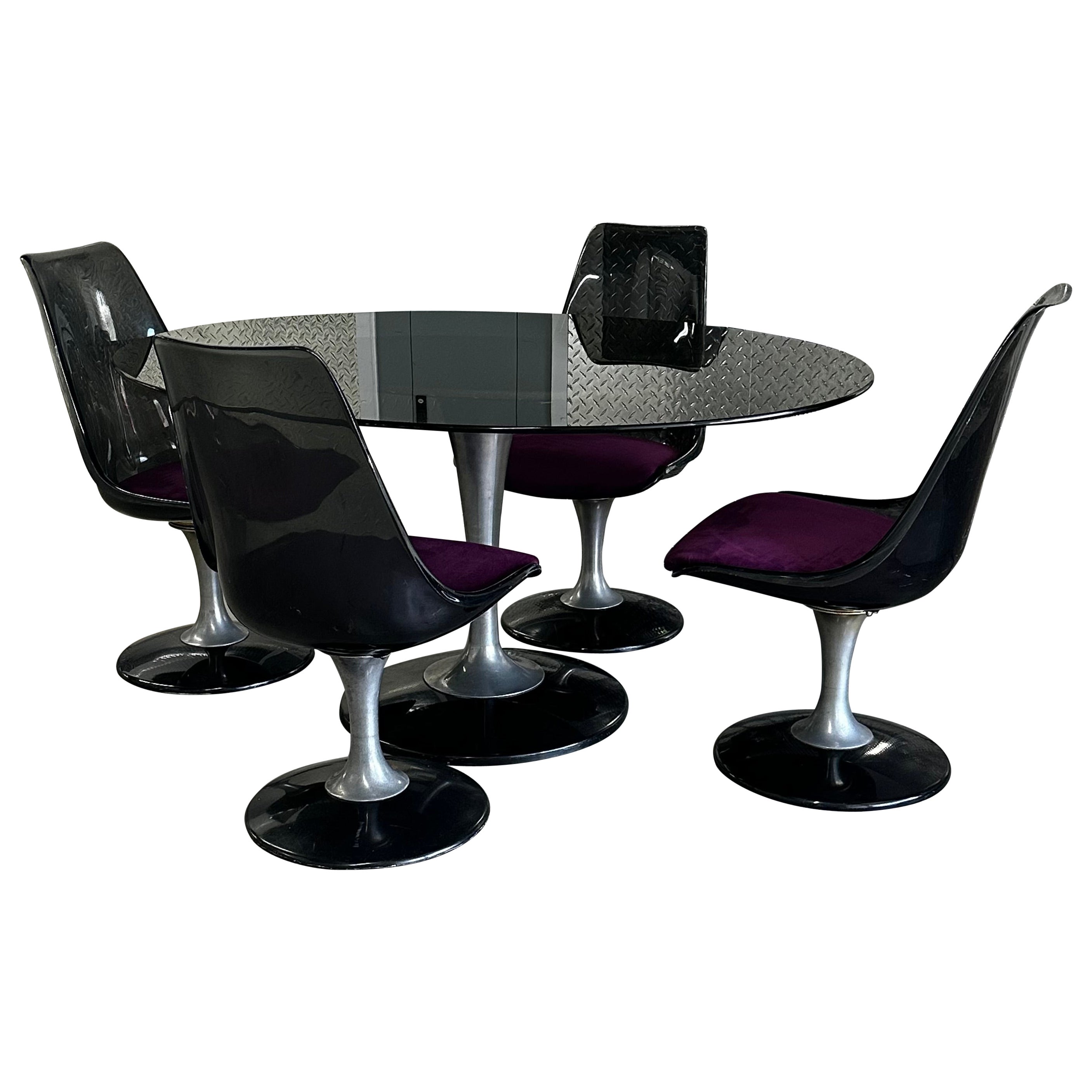 1970s Chromecraft Smoked Lucite Tulip Chairs Dining Table, Set of 5 For Sale