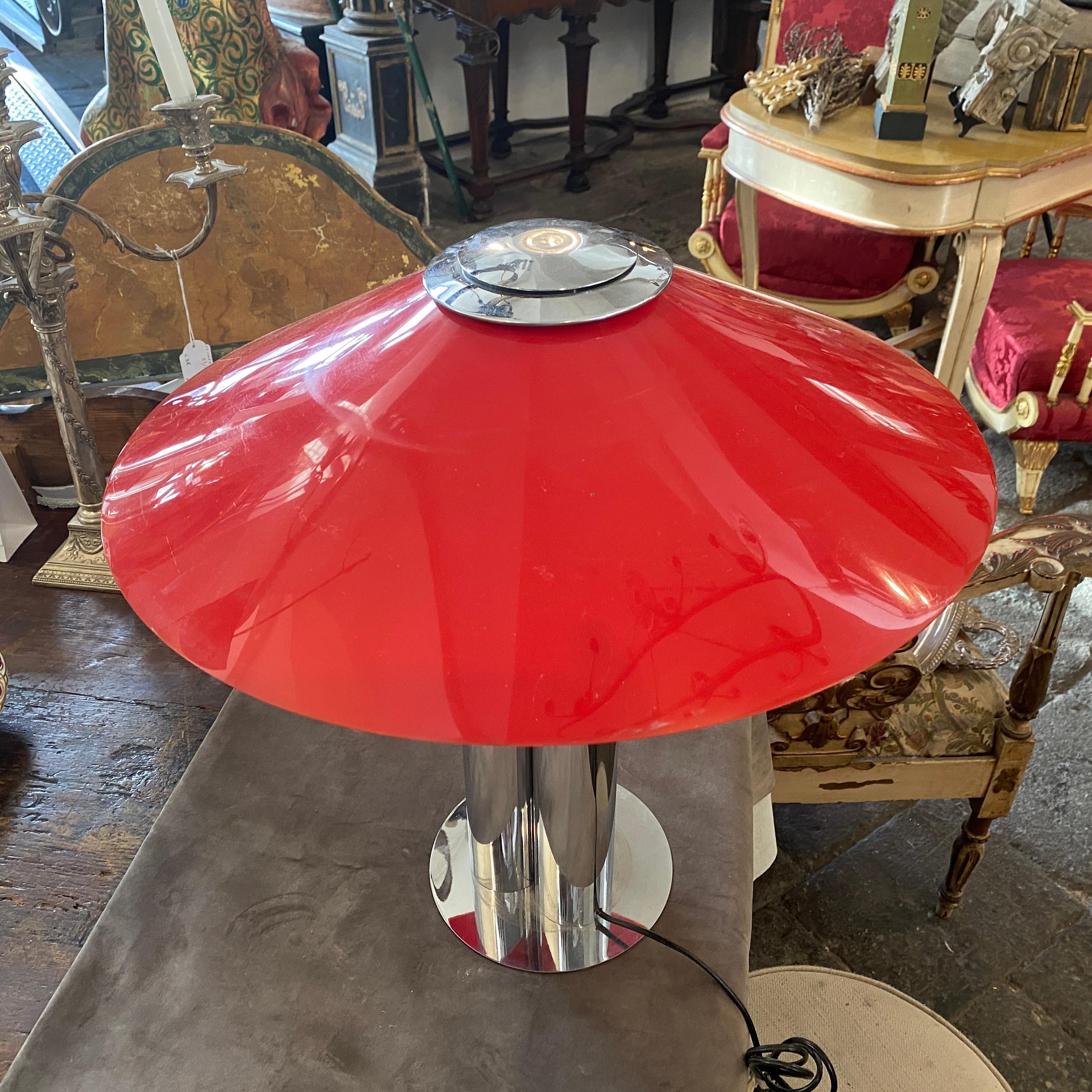 Steel 1970s Chromed Metal and Red Acrylic Space Age Italian Table Lamp