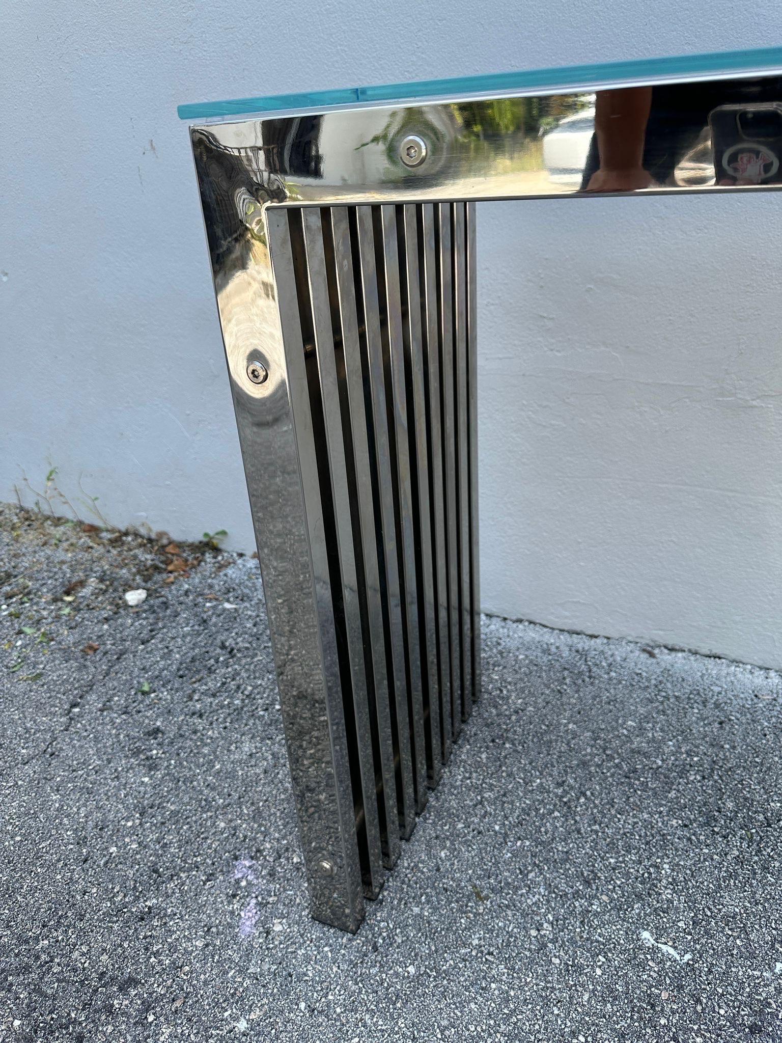 Mid-Century Modern 1970's Chromed Slat Waterfall Console in the style of Milo Baughman For Sale
