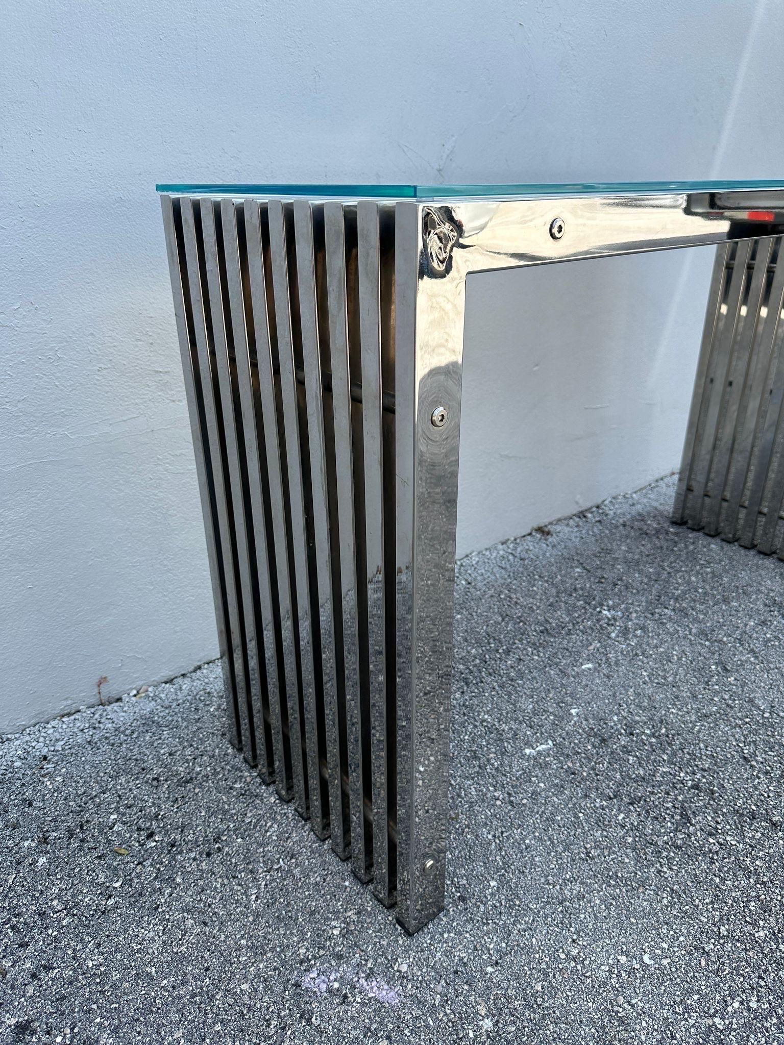 American 1970's Chromed Slat Waterfall Console in the style of Milo Baughman For Sale