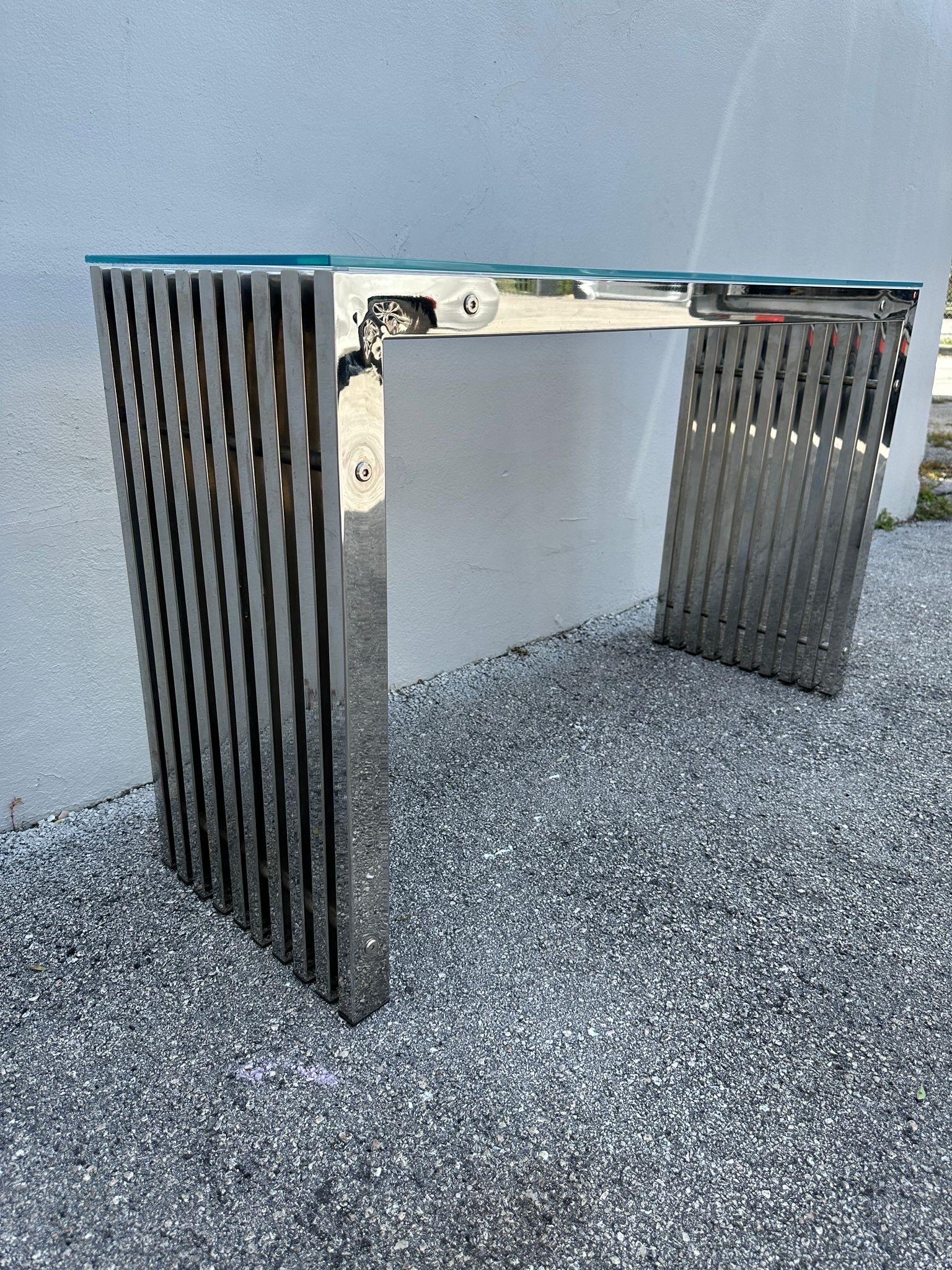 Glass 1970's Chromed Slat Waterfall Console in the style of Milo Baughman For Sale