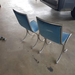 1970s Chromed Steel Light Blue Velvet Chairs, Set of 2