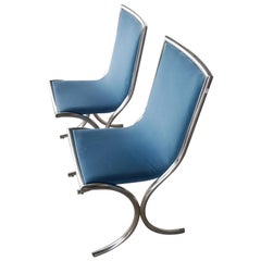 1970s Chromed Steel Light Blue Velvet Chairs, Set of 2 