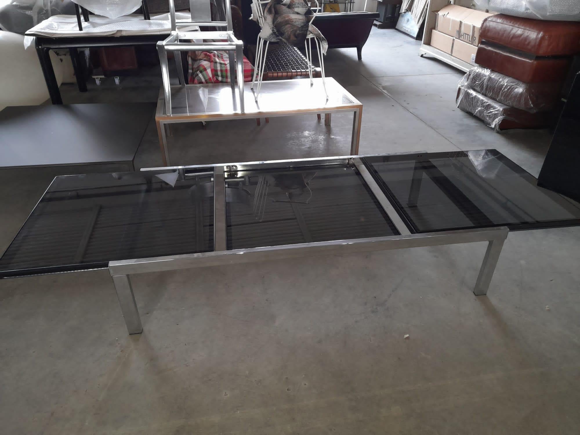 1970s Chromed steel Smoked Glass Extendable Coffee Table Attributed to Knoll For Sale 1