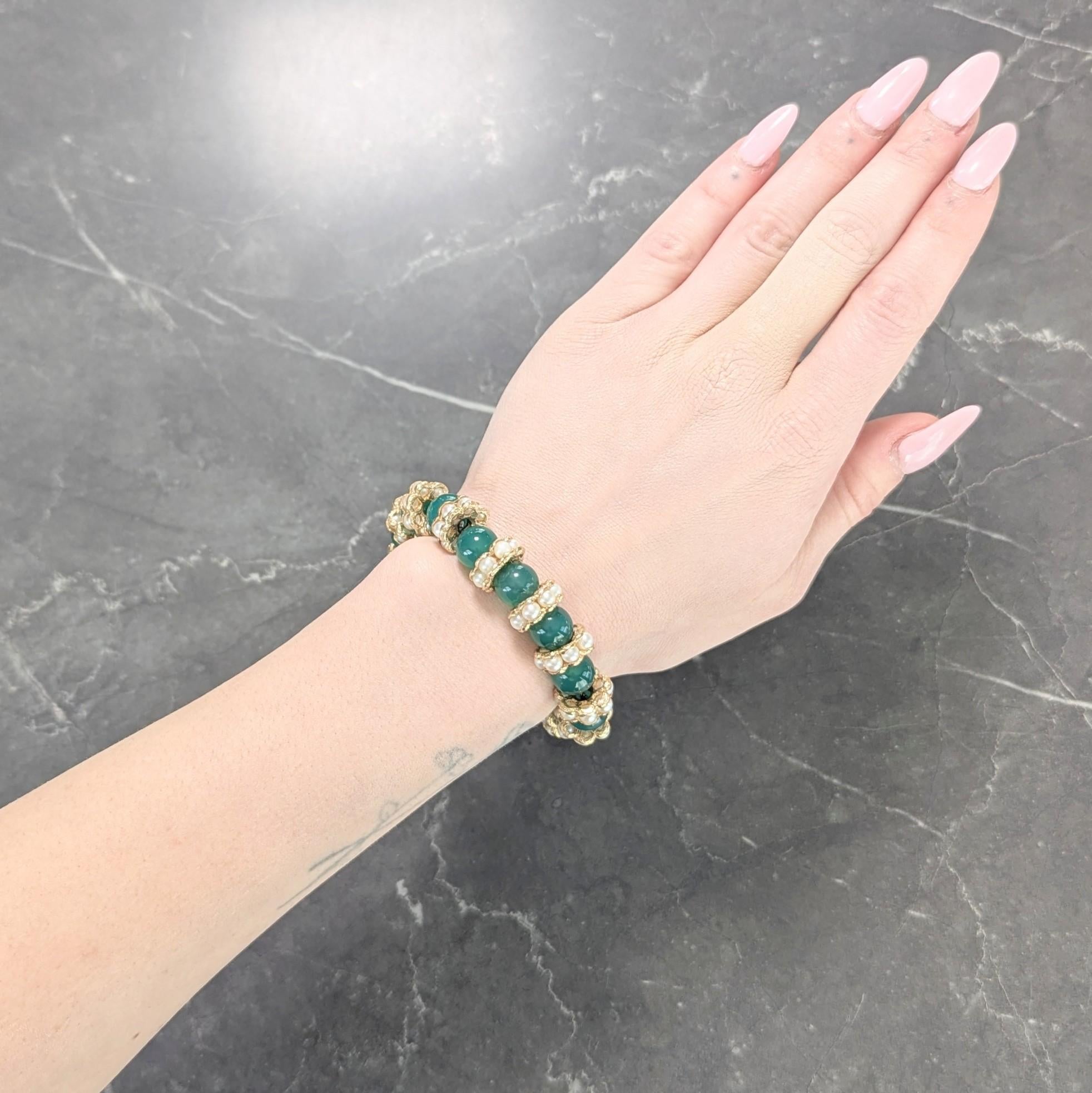 Designed a rope chain bracelet with slide station, carved chrysoprase, and rondelle beads
Chrysoprase beads are smooth and fluted - measuring 10.0 to 12.0 mm round
With carved square cabochons flush set on slide measuring 6.0 x 6.0 mm
Well-matched
