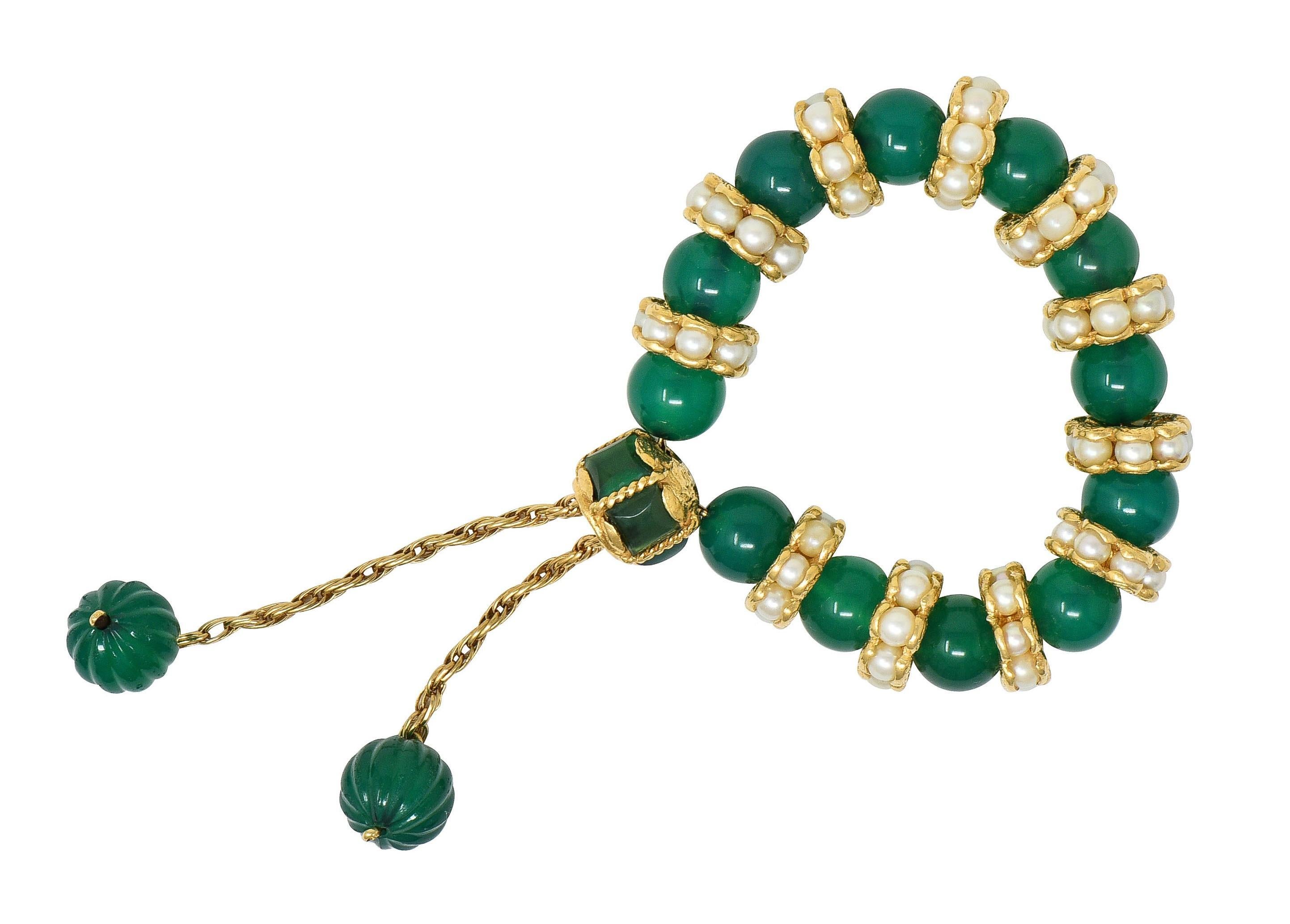 1970's Chrysoprase Pearl 14 Karat Yellow Gold Vintage Beaded Slide Bracelet In Excellent Condition For Sale In Philadelphia, PA