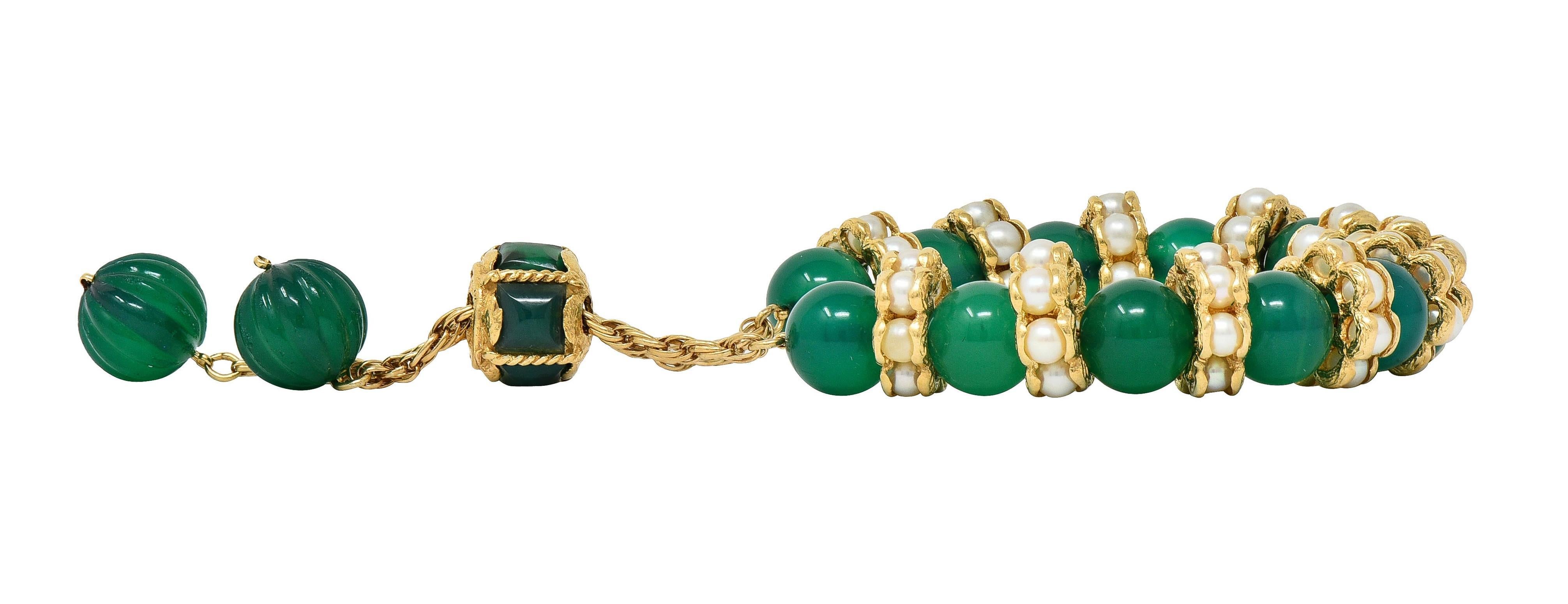 Women's or Men's 1970's Chrysoprase Pearl 14 Karat Yellow Gold Vintage Beaded Slide Bracelet For Sale