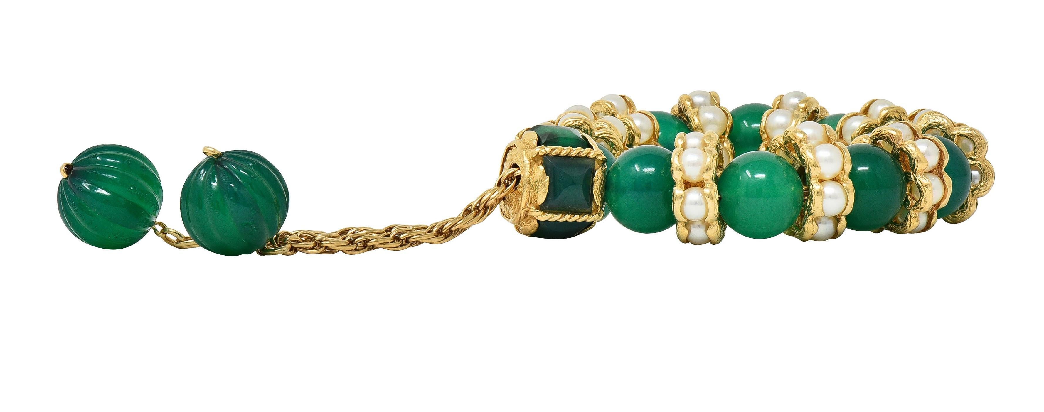 1970's Chrysoprase Pearl 14 Karat Yellow Gold Vintage Beaded Slide Bracelet For Sale 1