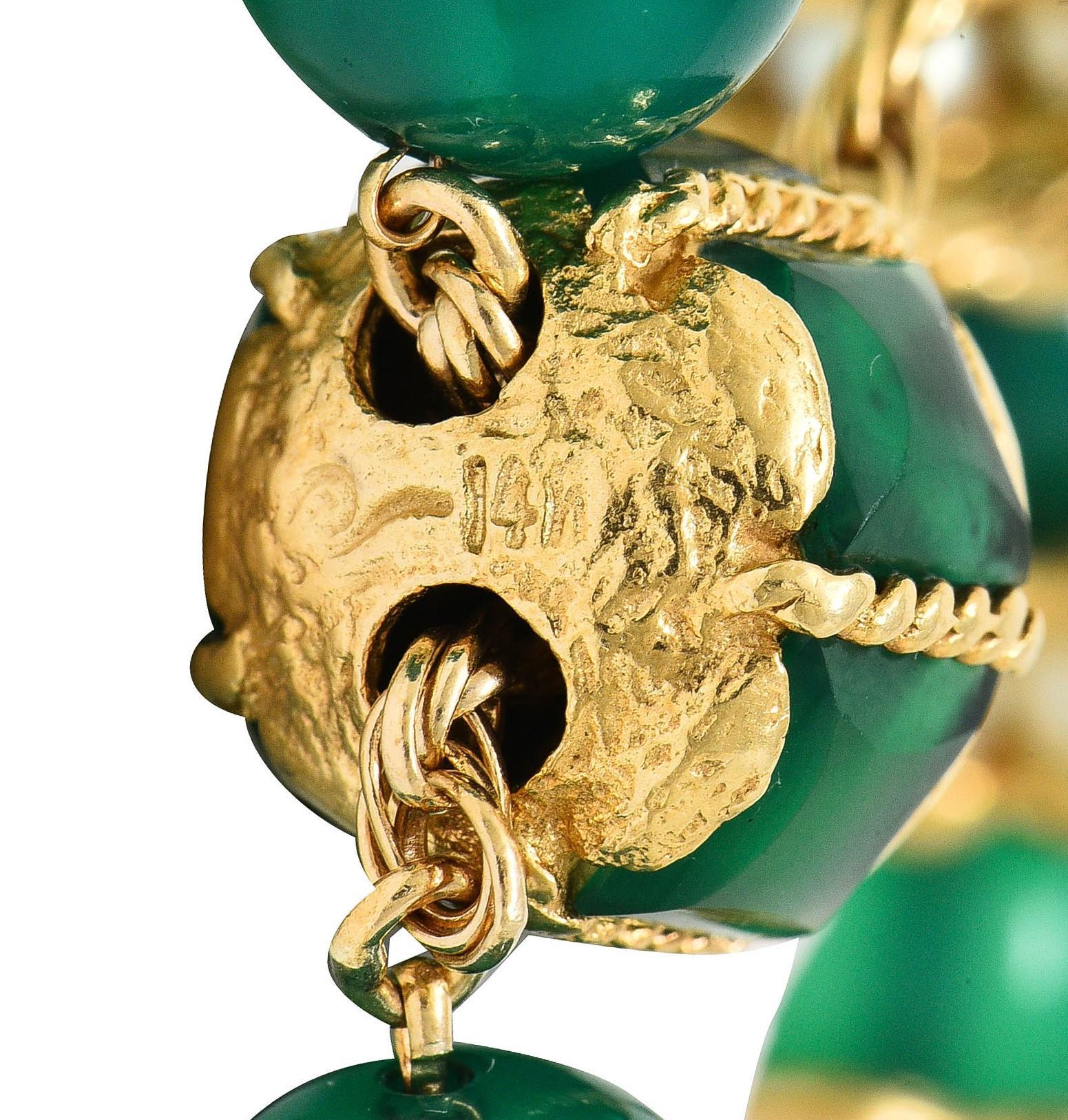 1970's Chrysoprase Pearl 14 Karat Yellow Gold Vintage Beaded Slide Bracelet For Sale 2