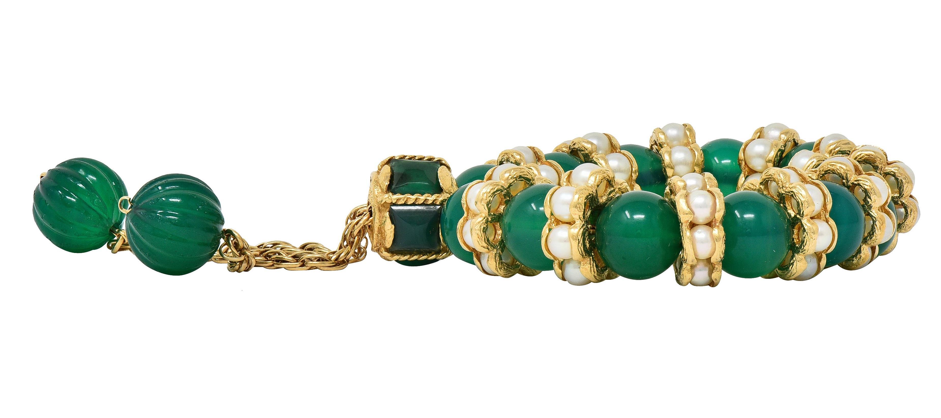 1970's Chrysoprase Pearl 14 Karat Yellow Gold Vintage Beaded Slide Bracelet For Sale 3