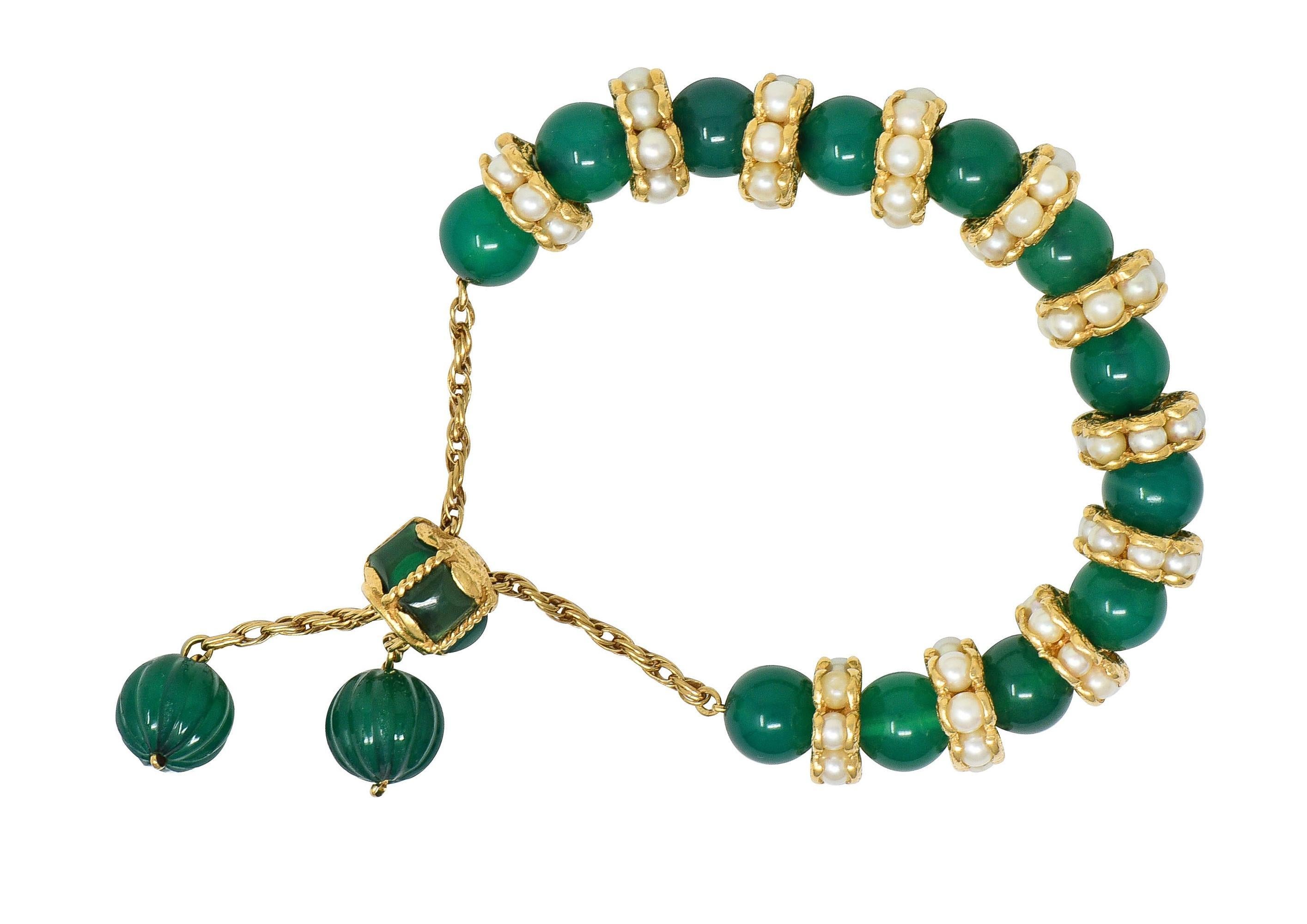 1970's Chrysoprase Pearl 14 Karat Yellow Gold Vintage Beaded Slide Bracelet For Sale 4