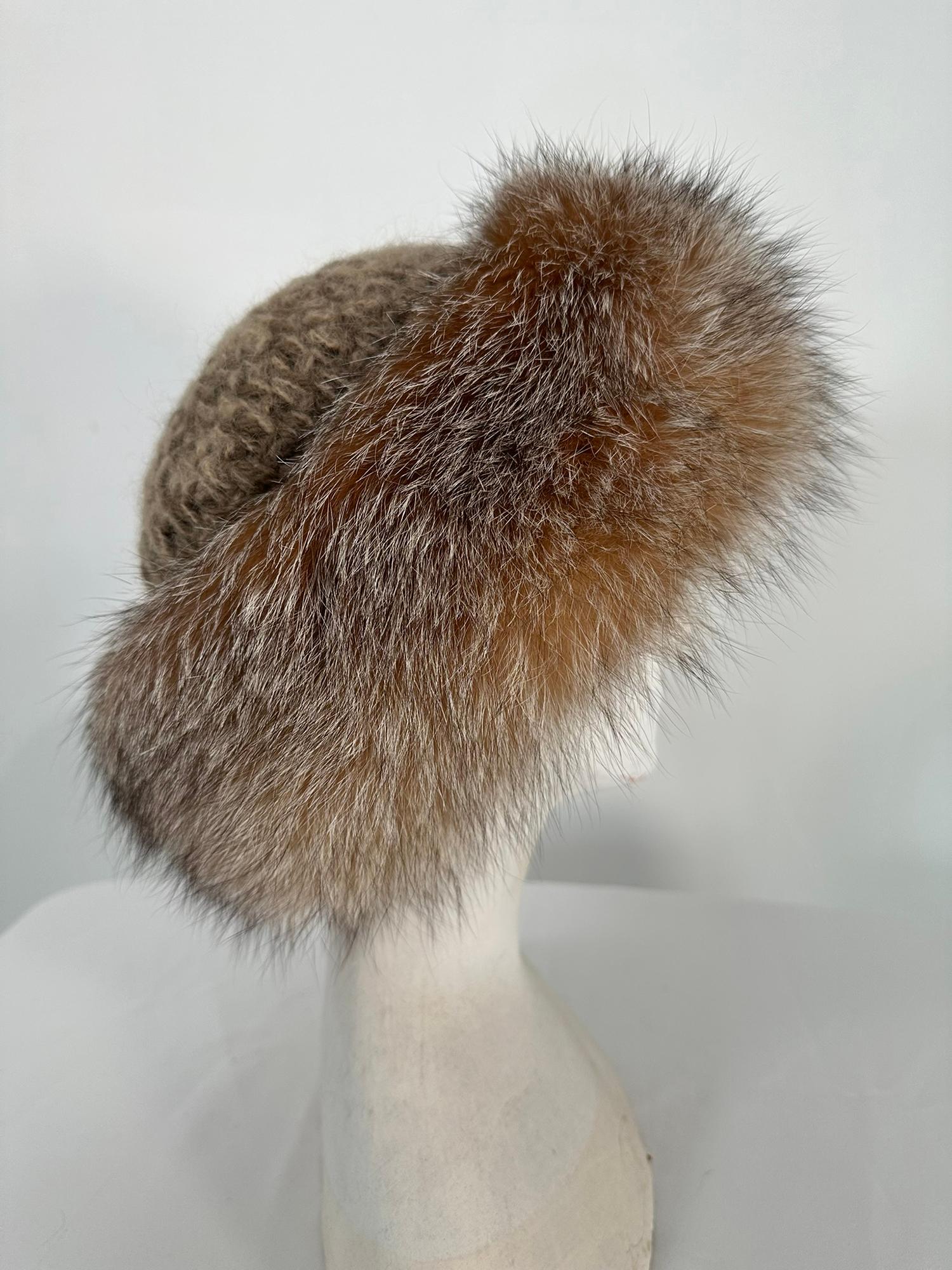 Women's or Men's 1970s Chunky Wool Knit Hat with Fox Fur trim
