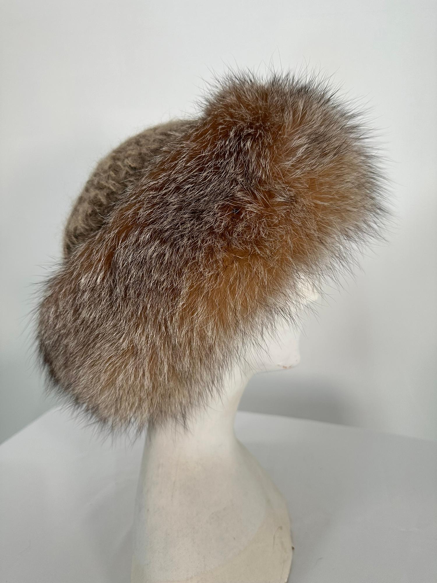1970s Chunky Wool Knit Hat with Fox Fur trim 1