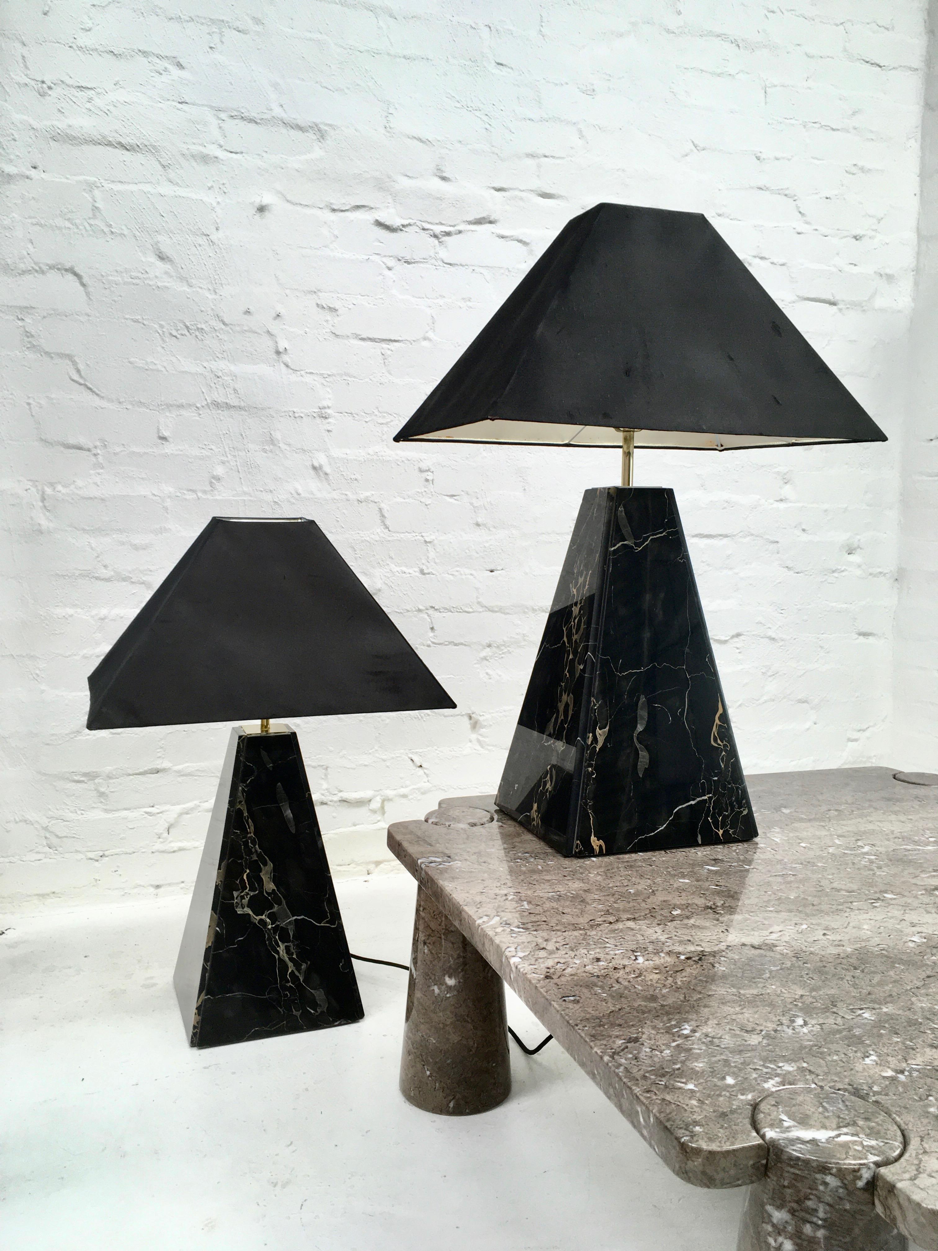 An exquisite, monumental pair of 1970s Cini Boeri for Arteluce 'Abat Jour' style black marble pyramid lamps, with original 1970s black silk cloth shades.

These have been rewired. They meet Australian/NZ standards, please see notes on wiring, below.