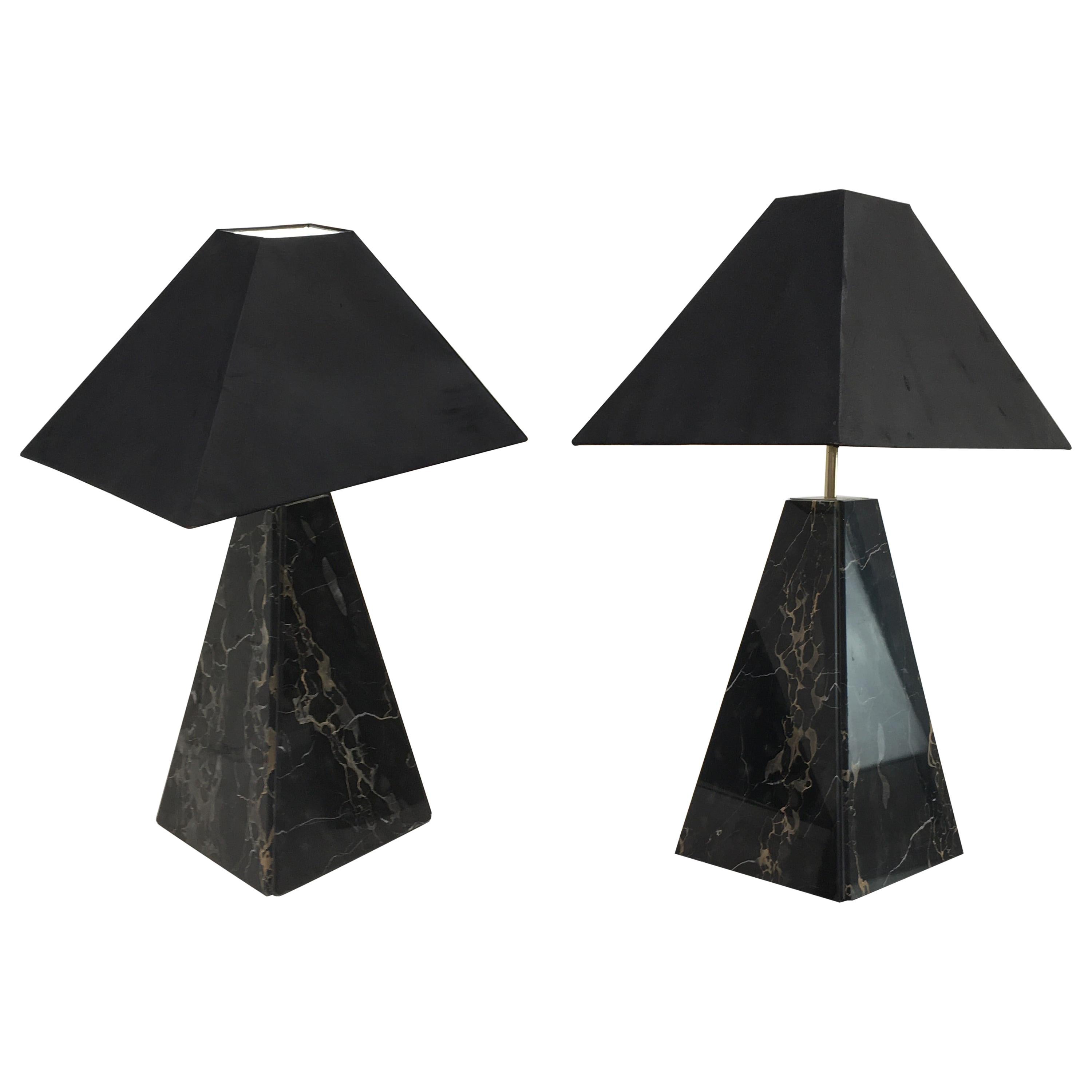 1970 Cini Boeri Style Black Marble Pyramid Lamps Abat Jour, Pair