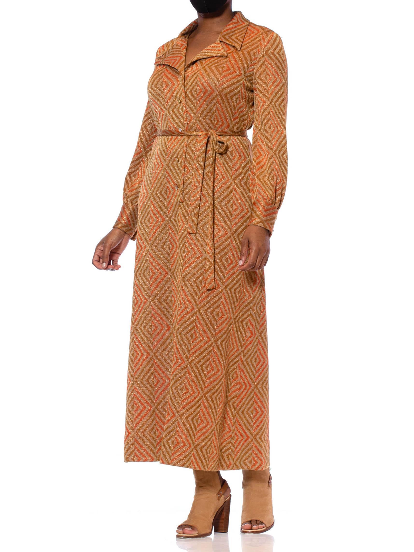 1970S Cinnamon Brown & Orange Poly/Lurex Double Knit Long Sleeved Maxi Cocktail 6
