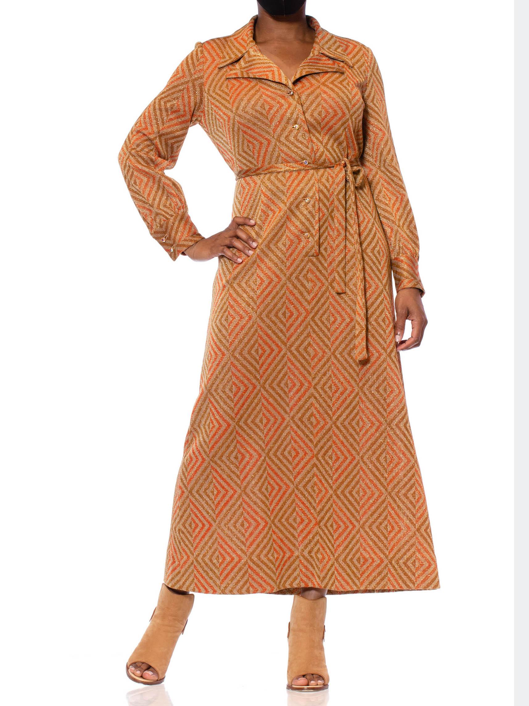 1970S Cinnamon Brown & Orange Poly/Lurex Double Knit Long Sleeved Maxi Cocktail Dress With Crystal Buttons