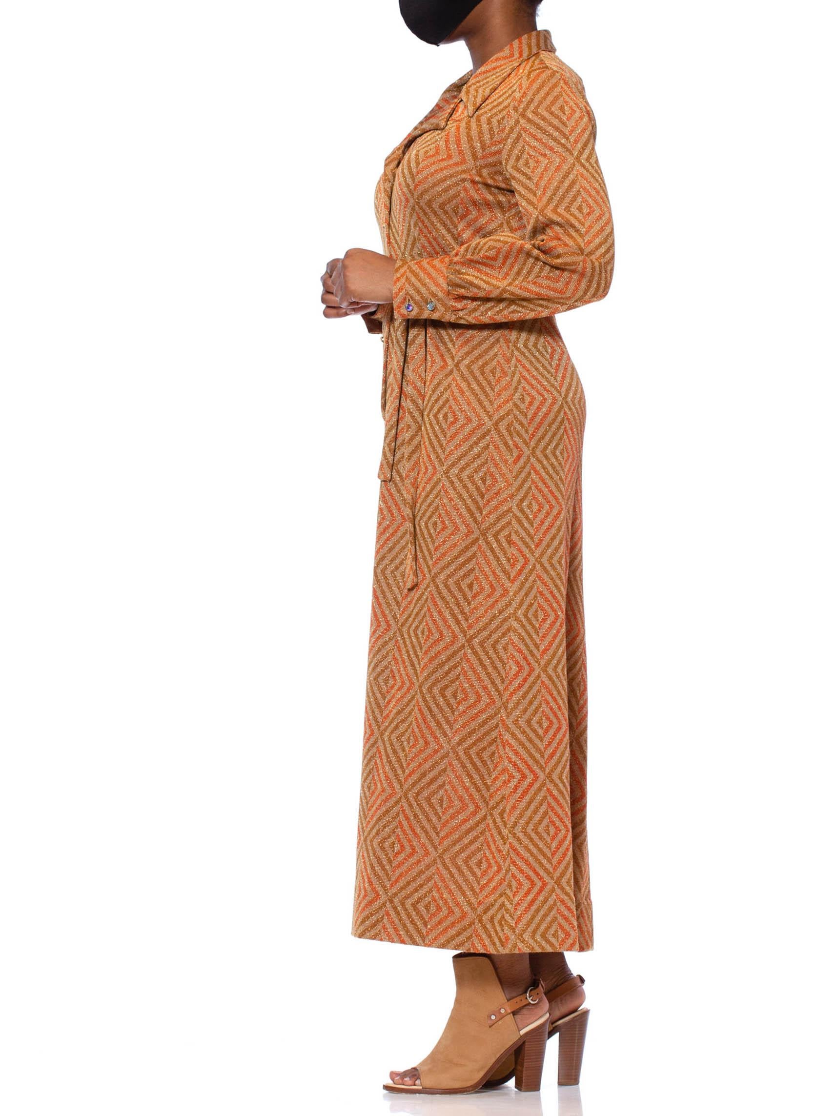 1970S Cinnamon Brown & Orange Poly/Lurex Double Knit Long Sleeved Maxi Cocktail In Excellent Condition In New York, NY