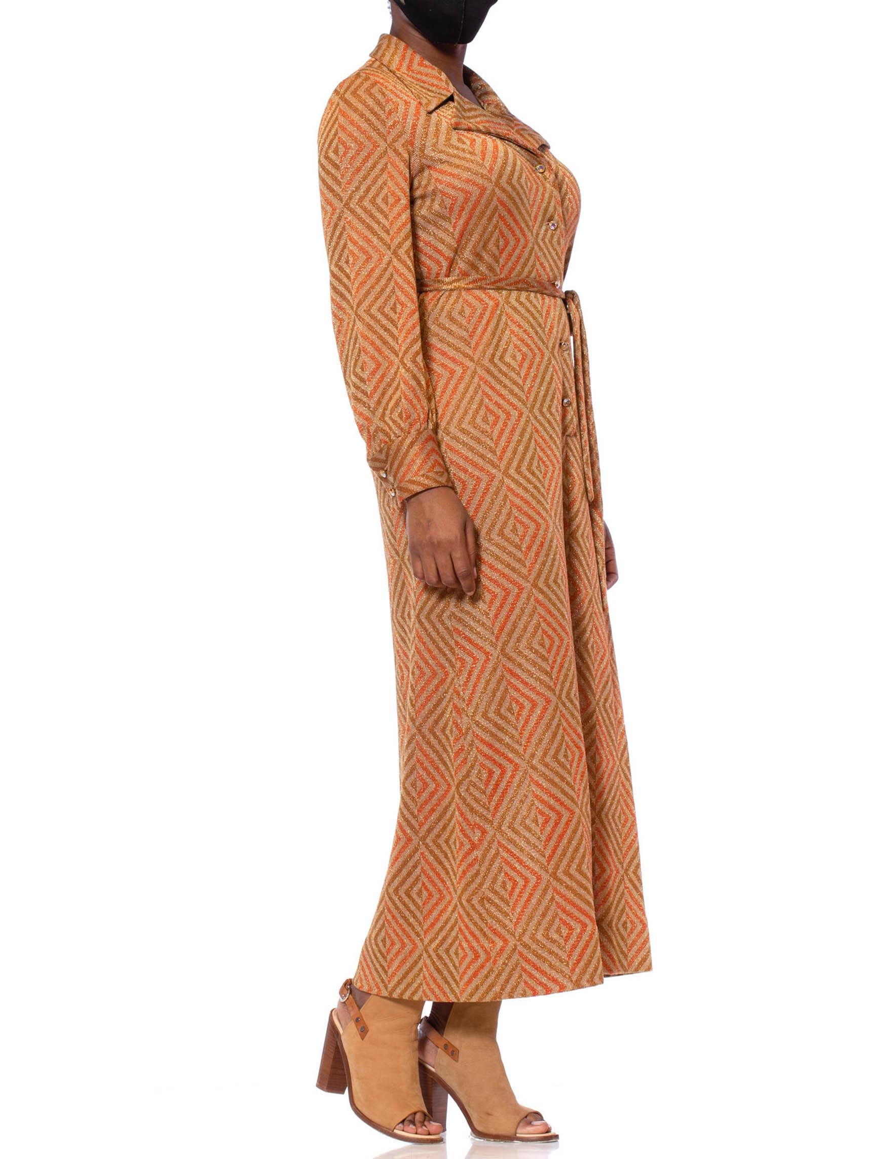 Women's 1970S Cinnamon Brown & Orange Poly/Lurex Double Knit Long Sleeved Maxi Cocktail