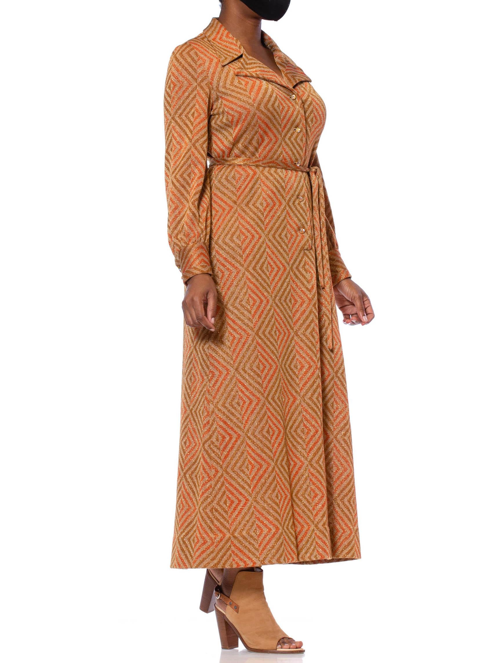 1970S Cinnamon Brown & Orange Poly/Lurex Double Knit Long Sleeved Maxi Cocktail 1