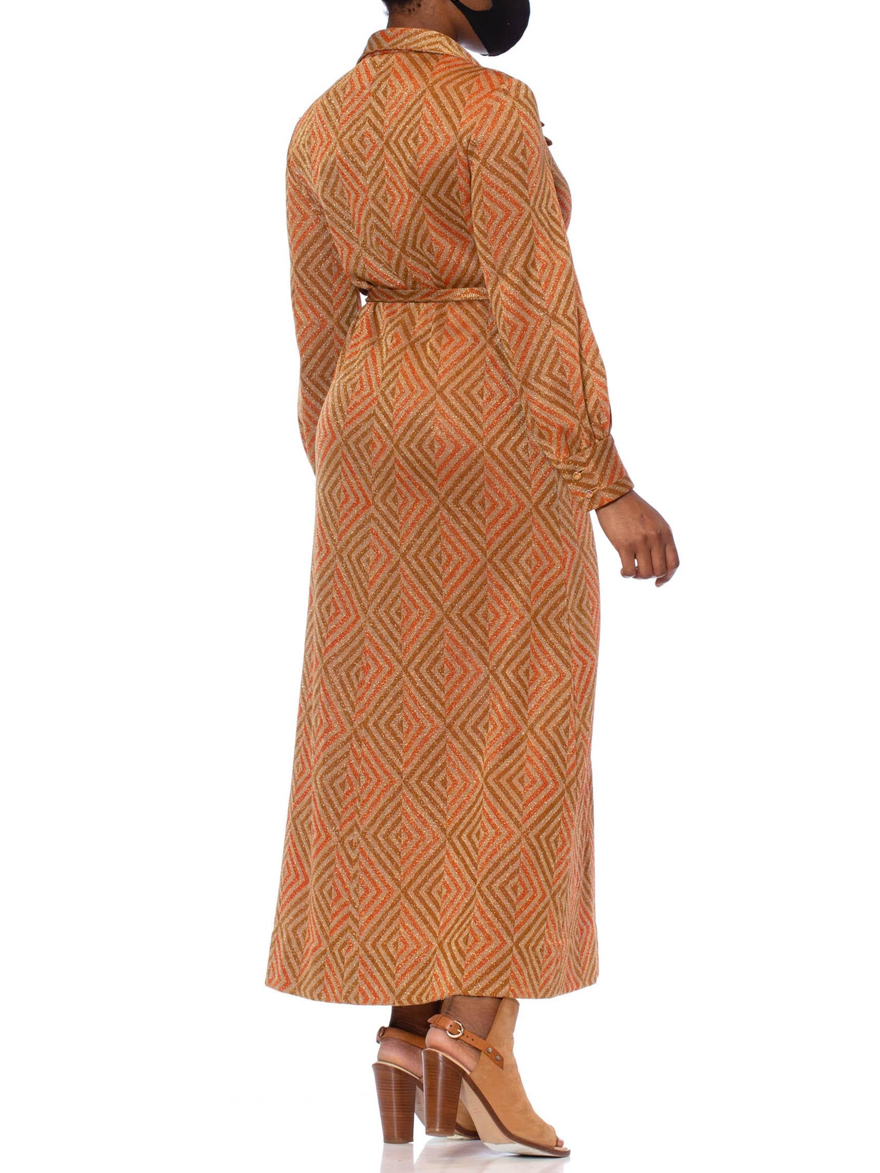 1970S Cinnamon Brown & Orange Poly/Lurex Double Knit Long Sleeved Maxi Cocktail 2