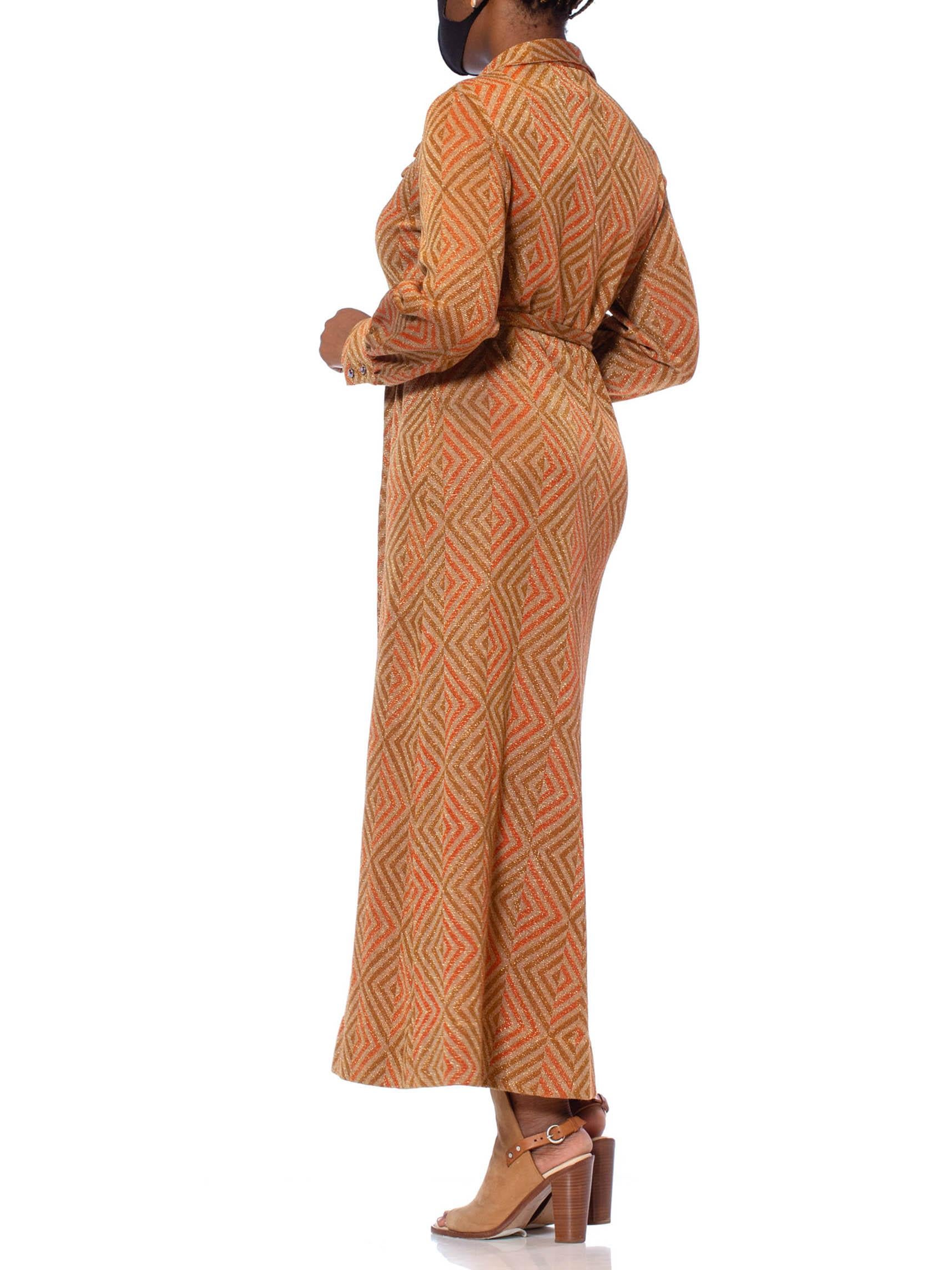 1970S Cinnamon Brown & Orange Poly/Lurex Double Knit Long Sleeved Maxi Cocktail 3