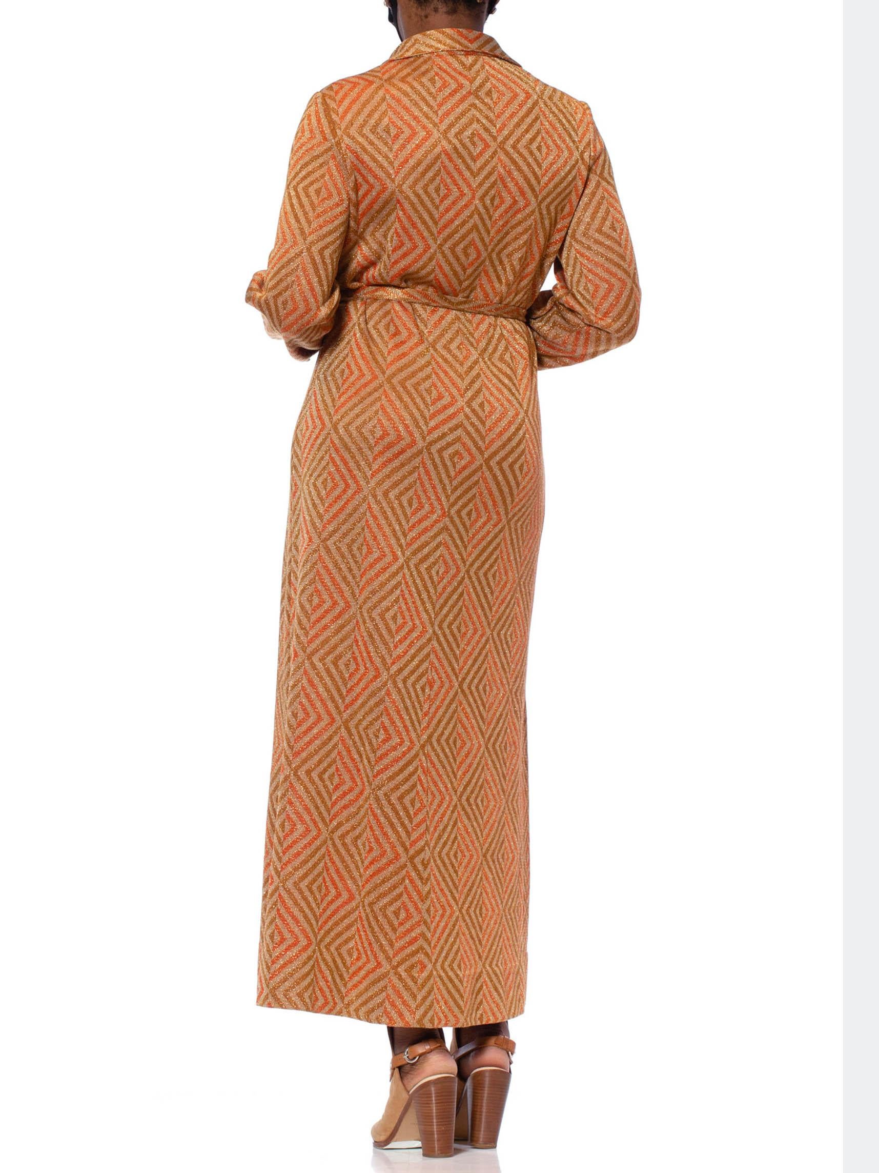1970S Cinnamon Brown & Orange Poly/Lurex Double Knit Long Sleeved Maxi Cocktail 4