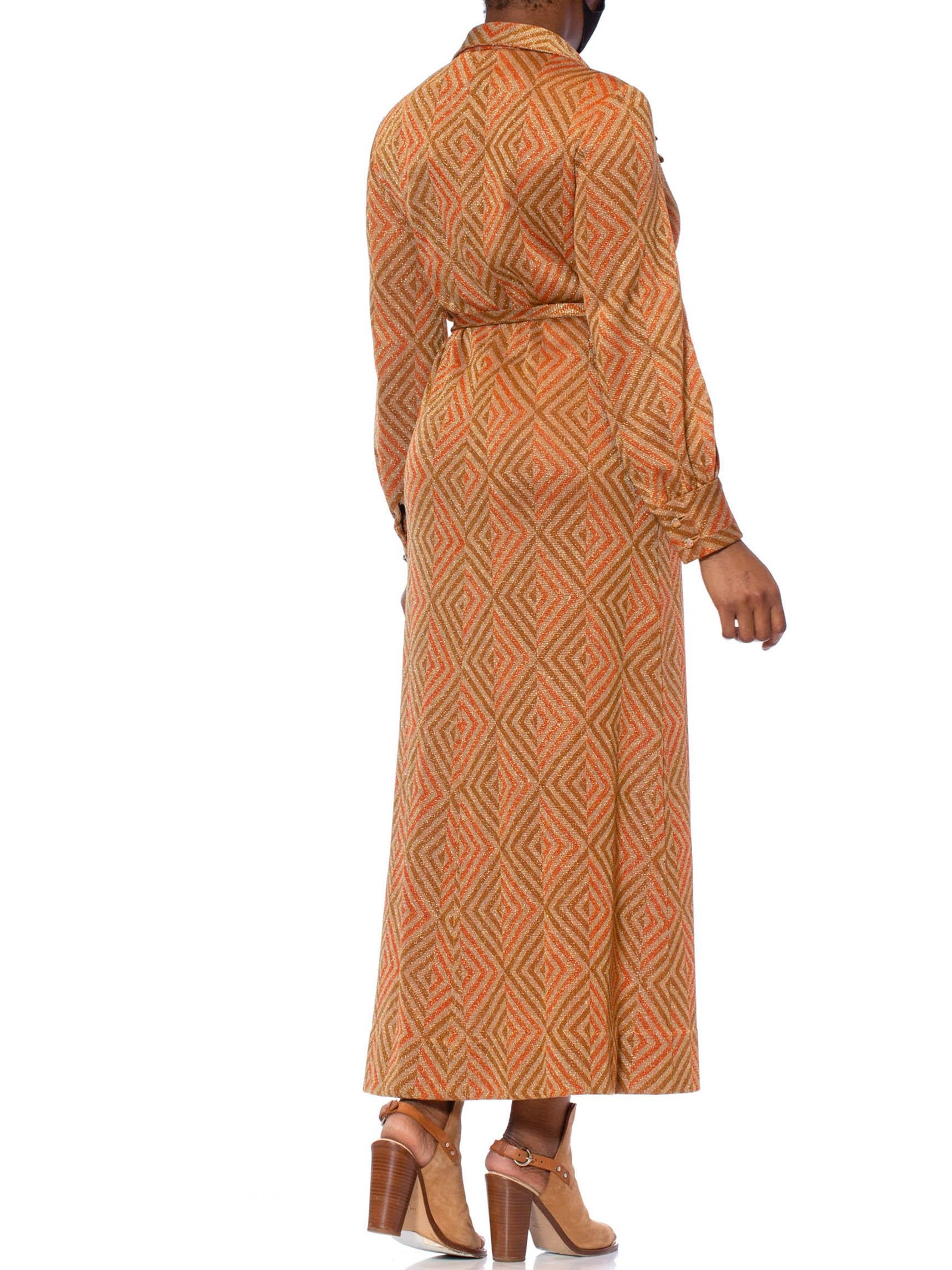 1970S Cinnamon Brown & Orange Poly/Lurex Double Knit Long Sleeved Maxi Cocktail 5