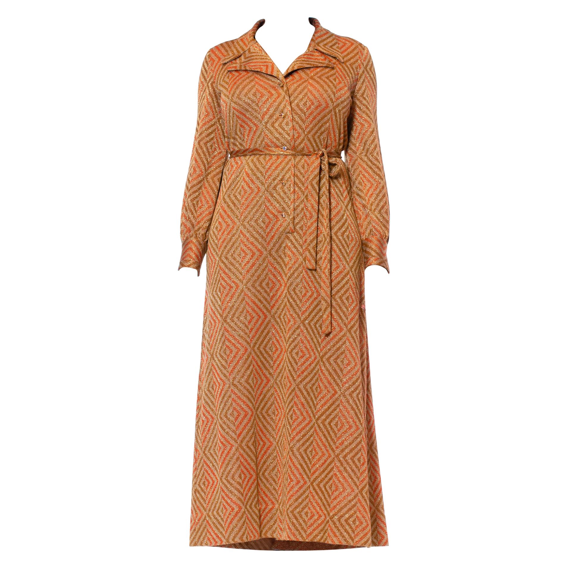 1970S Cinnamon Brown & Orange Poly/Lurex Double Knit Long Sleeved Maxi Cocktail
