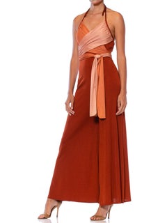 1970S Cinnamon Brown & Peach Polyester Jersey Sexy Draped Wrap Top Disco Jumpsu
