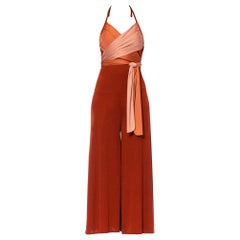 1970S Cinnamon Brown & Peach Polyester Jersey Sexy Draped Wrap Top Disco Jumpsu