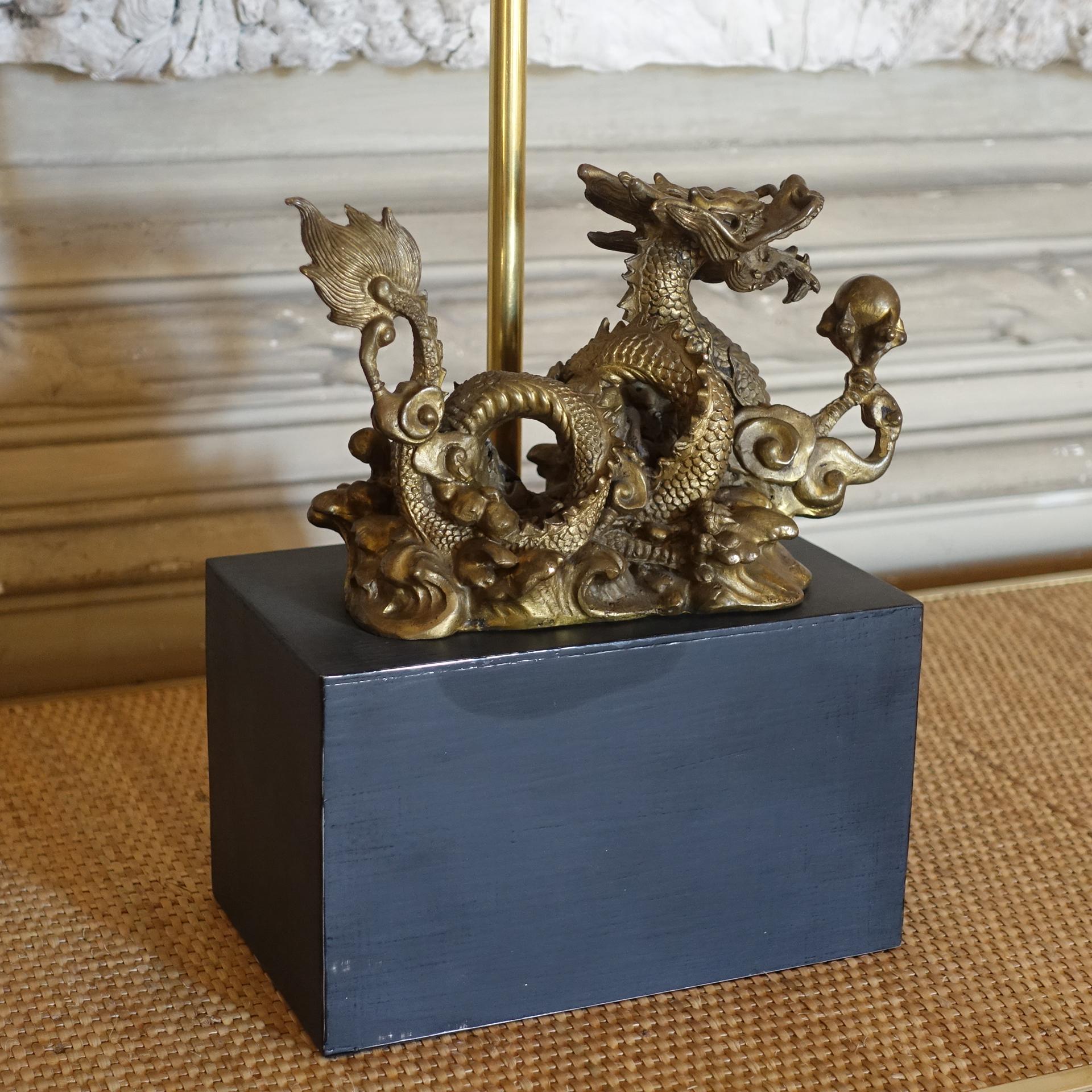 Italian  1970's Brass Chinese Dragon Table Lamp, Steel Details